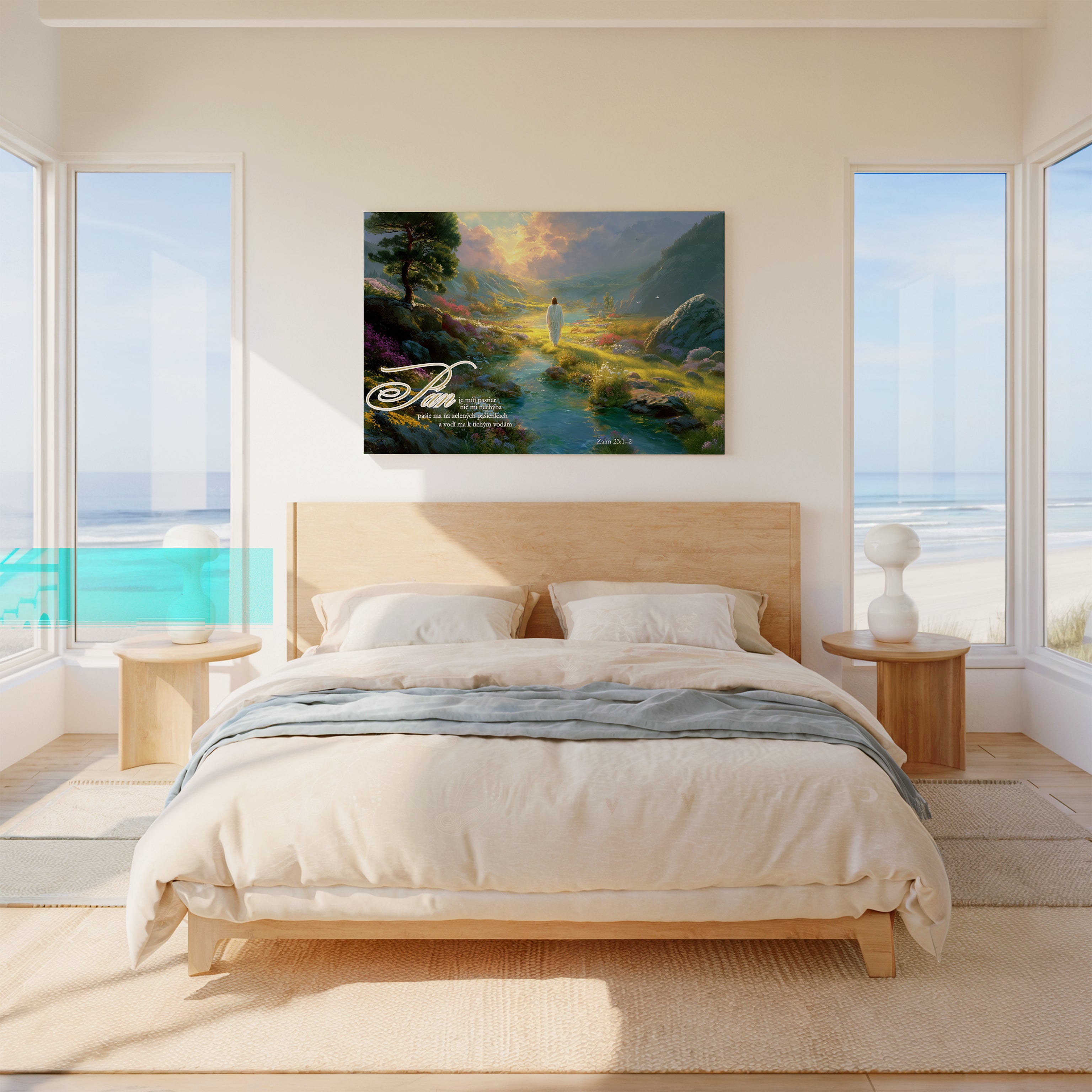 Obraz na stenu - Pán je môj pastier, nič mi nechýba v moderne zariadenej spálni s výhľadom na more.