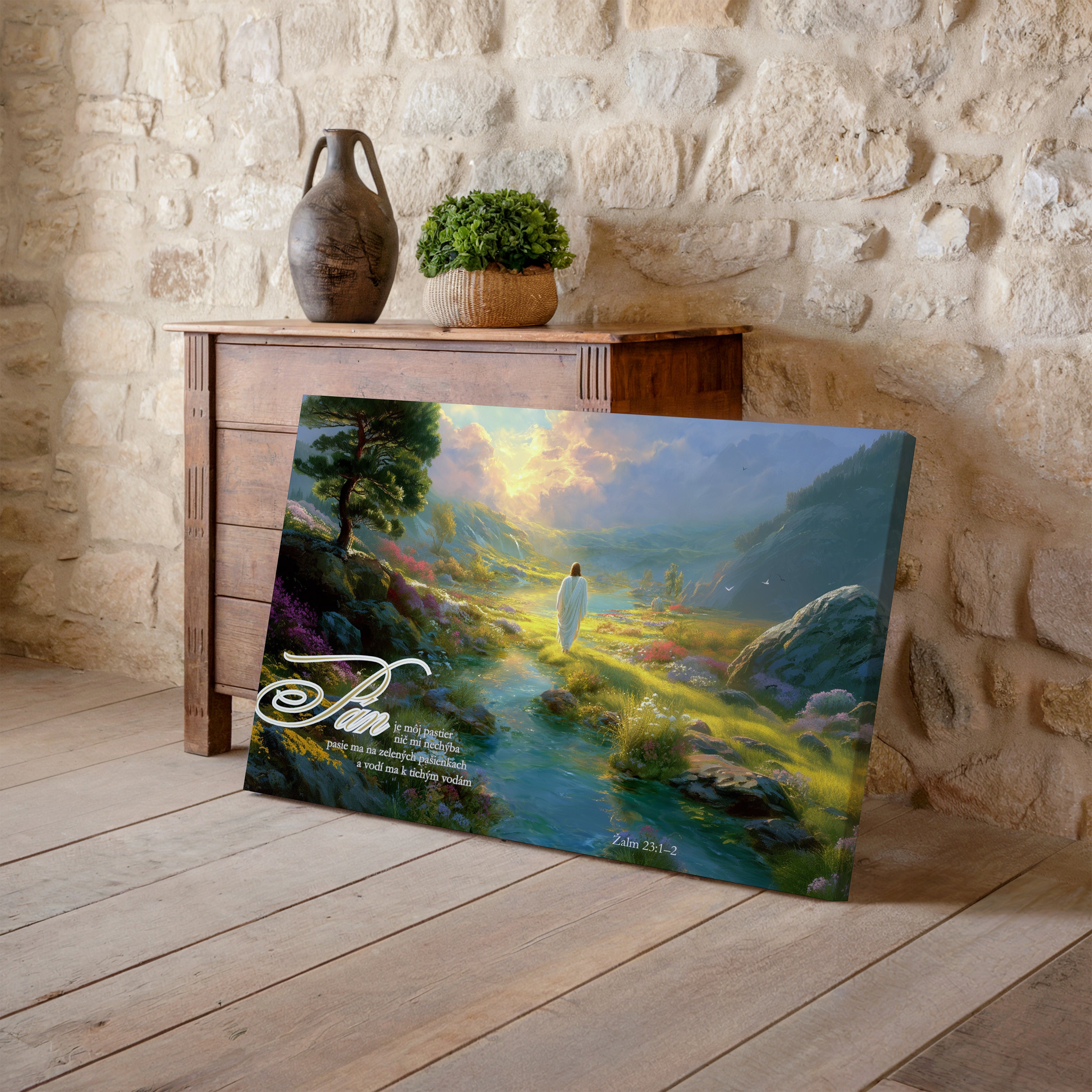 Obraz na stenu - Pán je môj pastier s prírodným prostredím a biblickým textom Žalm 23:1.