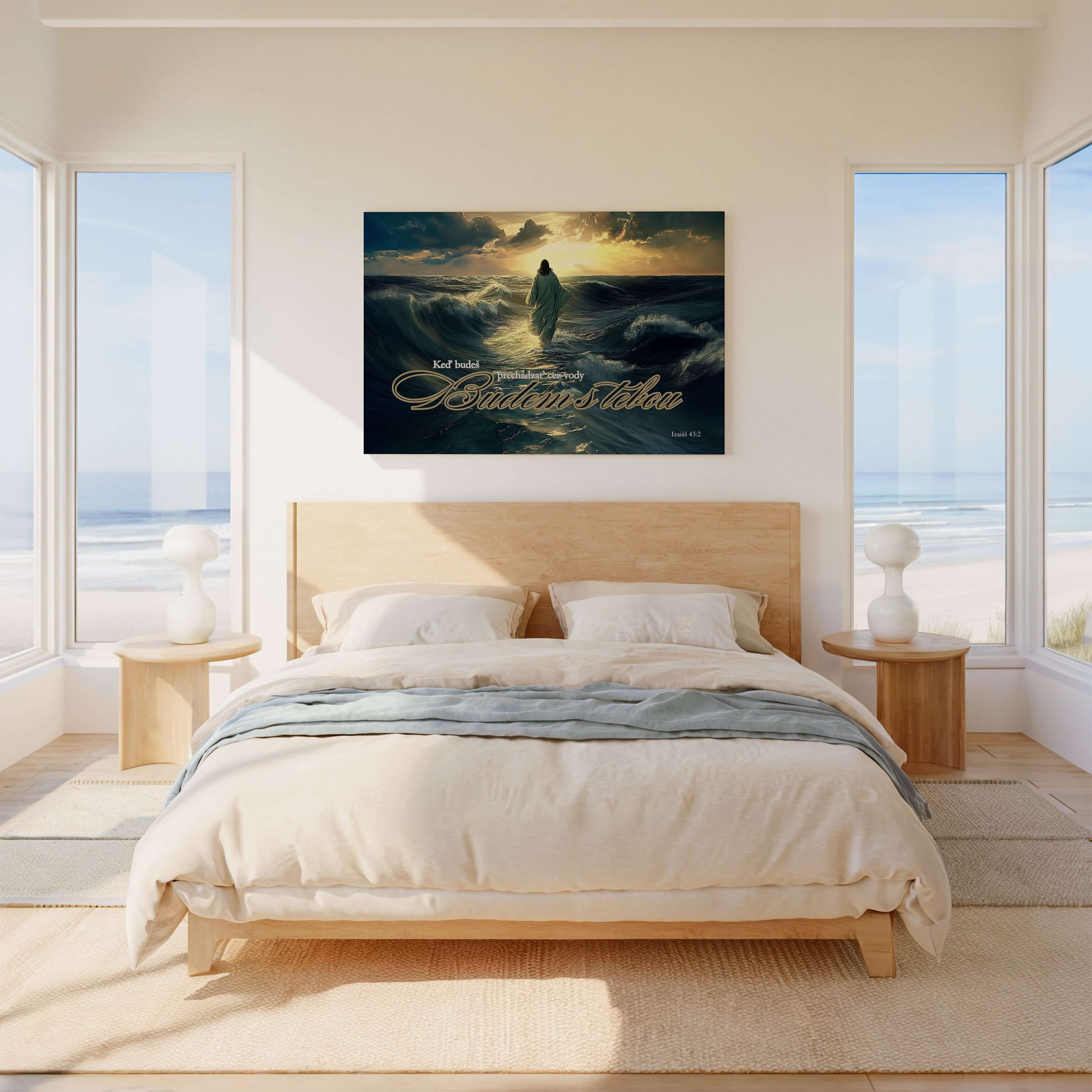 Obraz na stenu zobrazuje duchovný motív so ženom prechádzajúcim cez vody s textom Izaiáš 43:2.