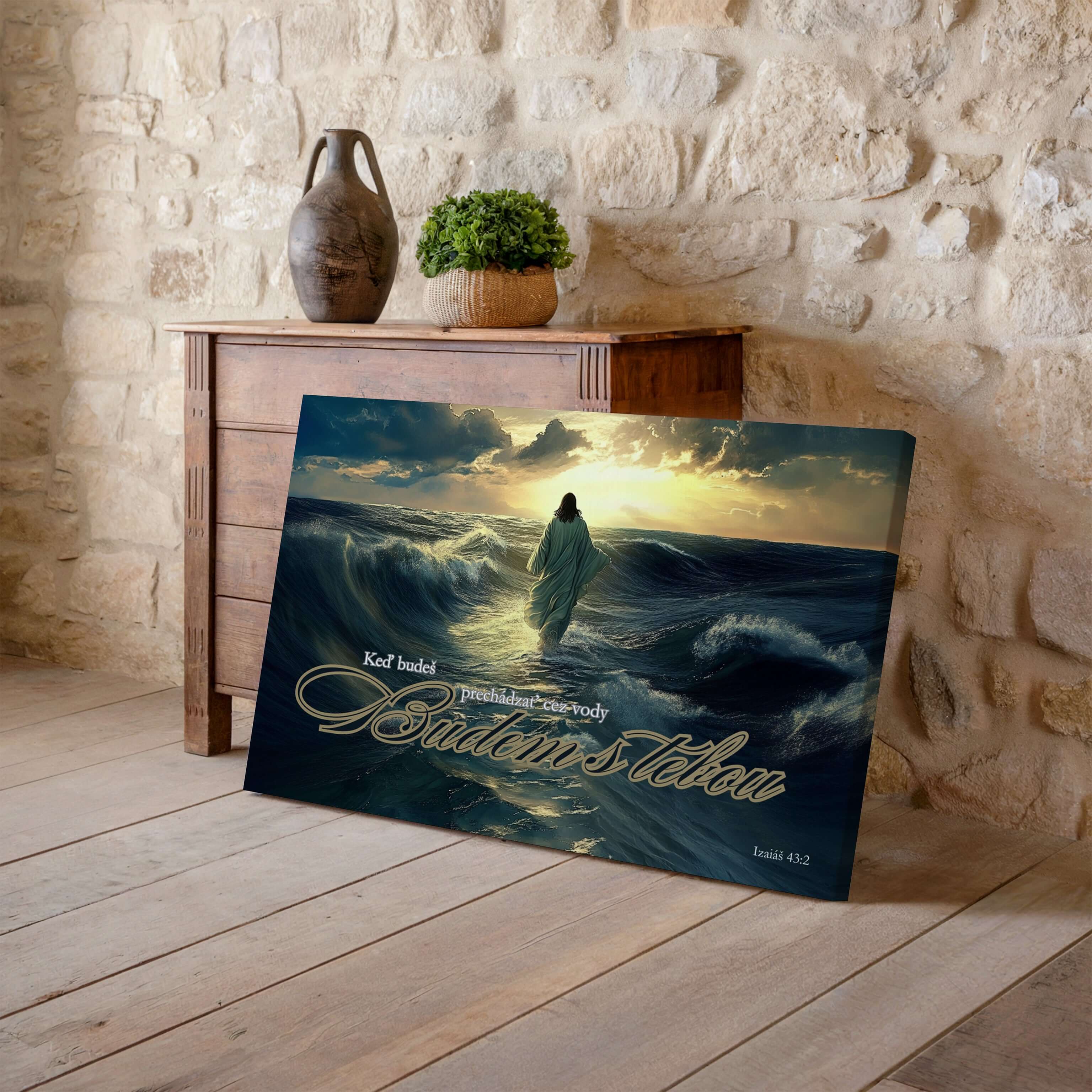 Obraz na stenu s biblickým motívom, zachytávajúci zasľúbenie z Izaiáša 43:2, zobrazenie pokoja pri vlnách.