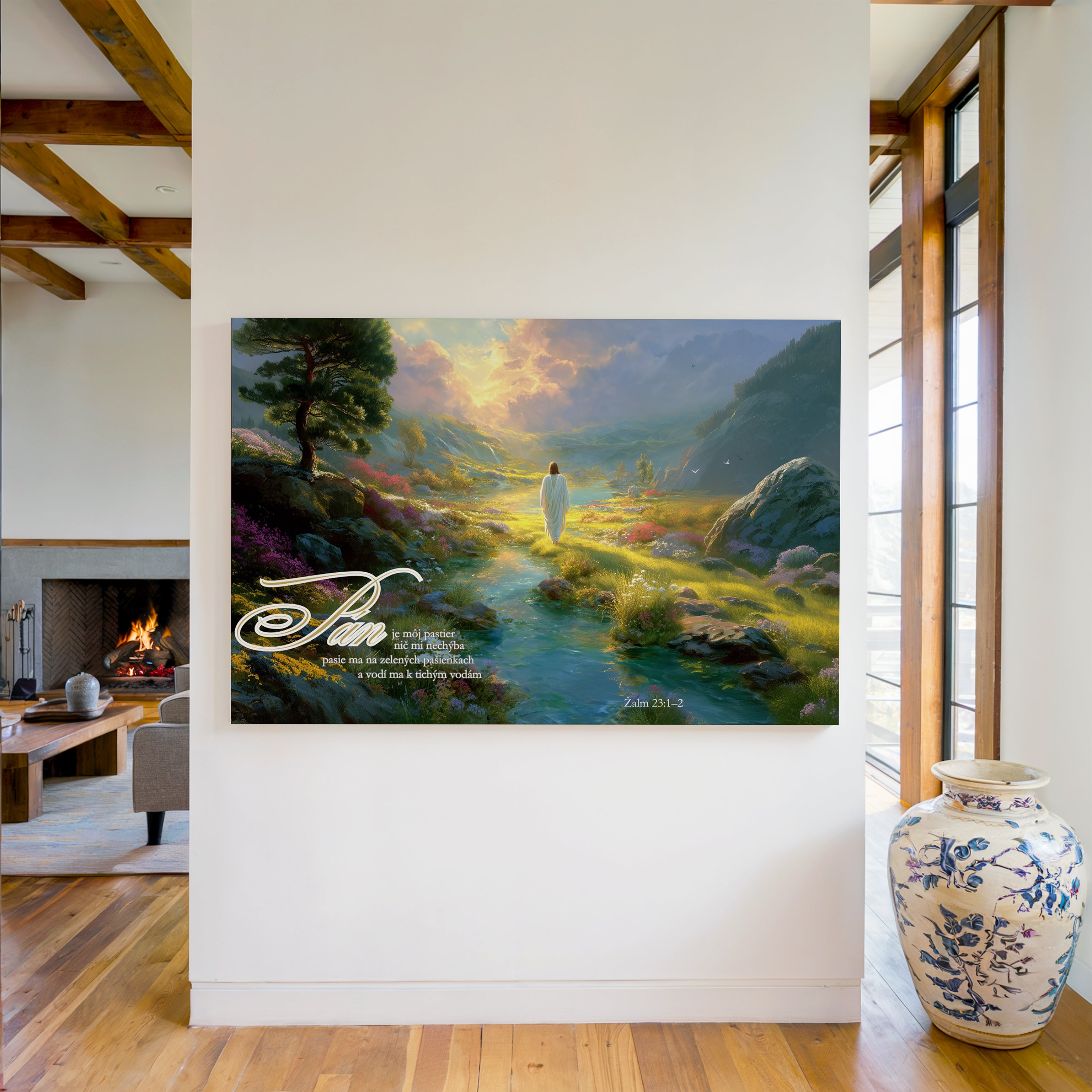 Obraz na stenu - Pán je môj pastier, zobrazujúci pokojný krajinný motív s pokojnou vodou a motívom Ježiša.