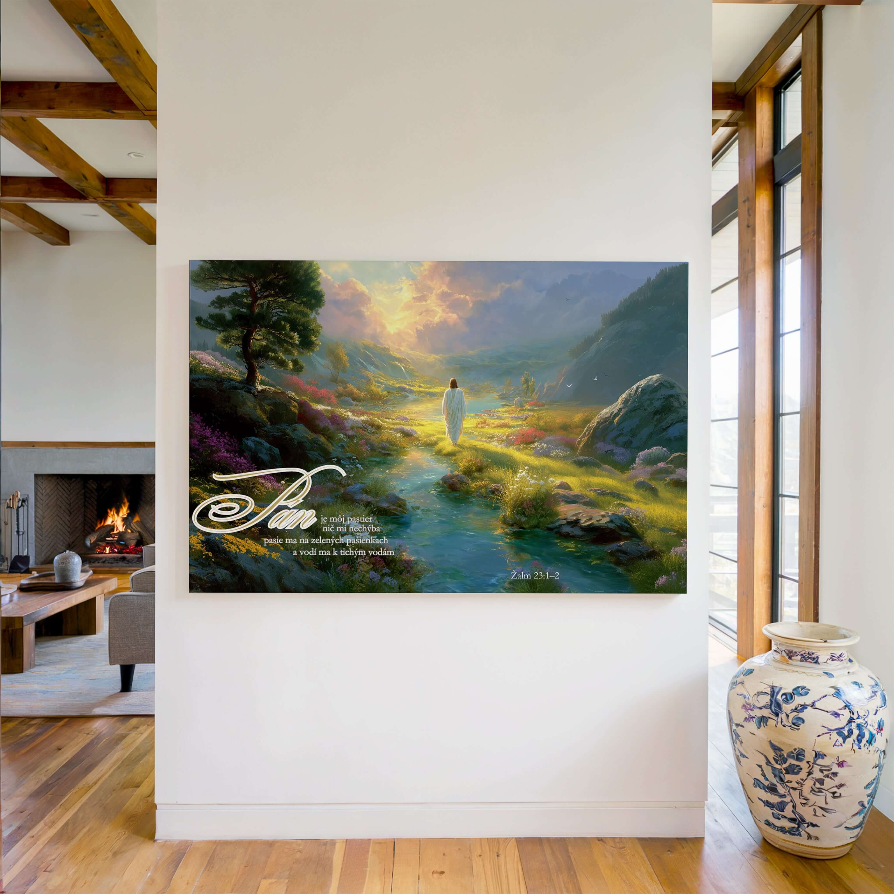 Obraz na stenu - Pán je môj pastier, zobrazujúci pokojný krajinný motív s pokojnou vodou a motívom Ježiša.