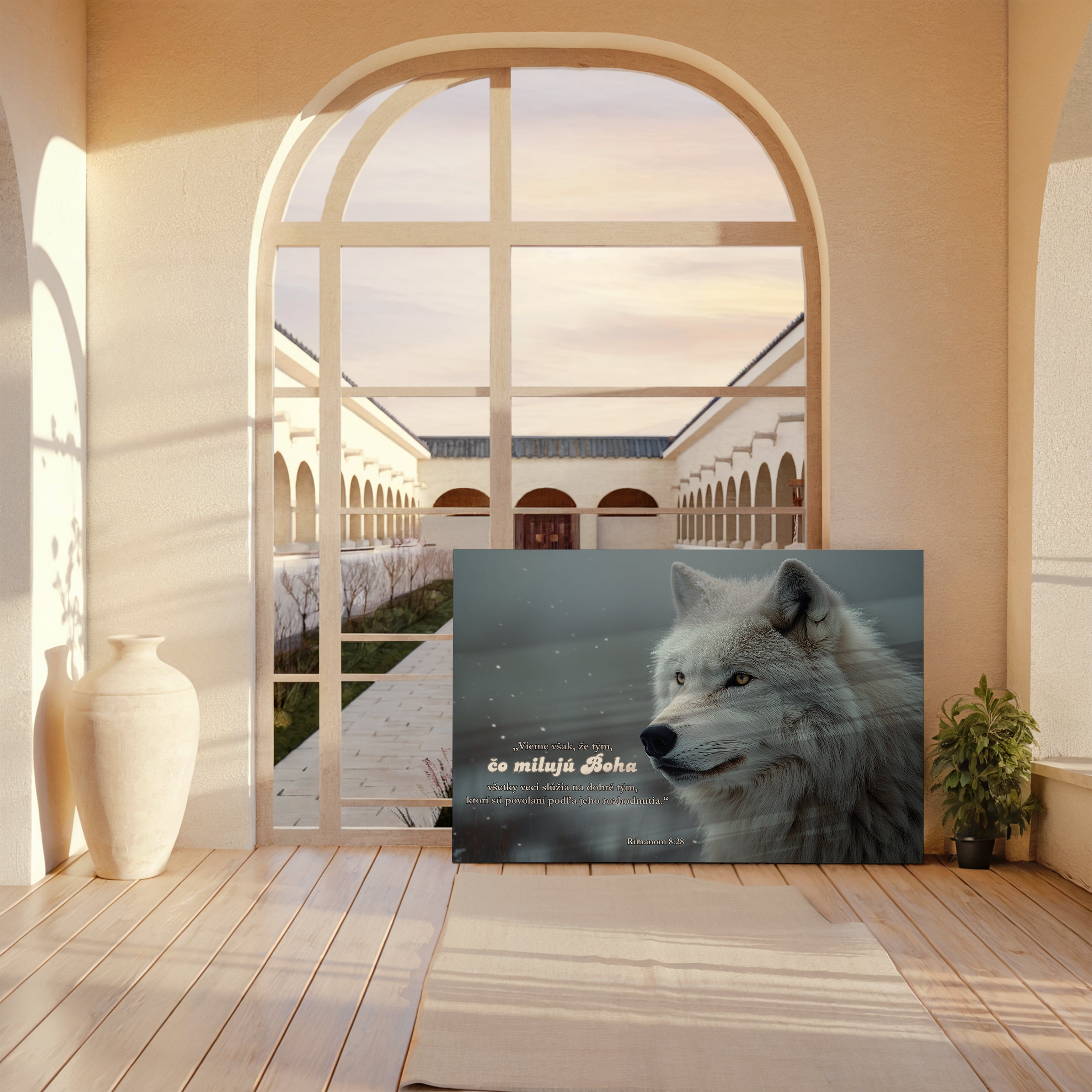 Obraz na stenu zobrazujúci vlka s nápisom 'do miluj Boha' v minimalistickom interiéri.