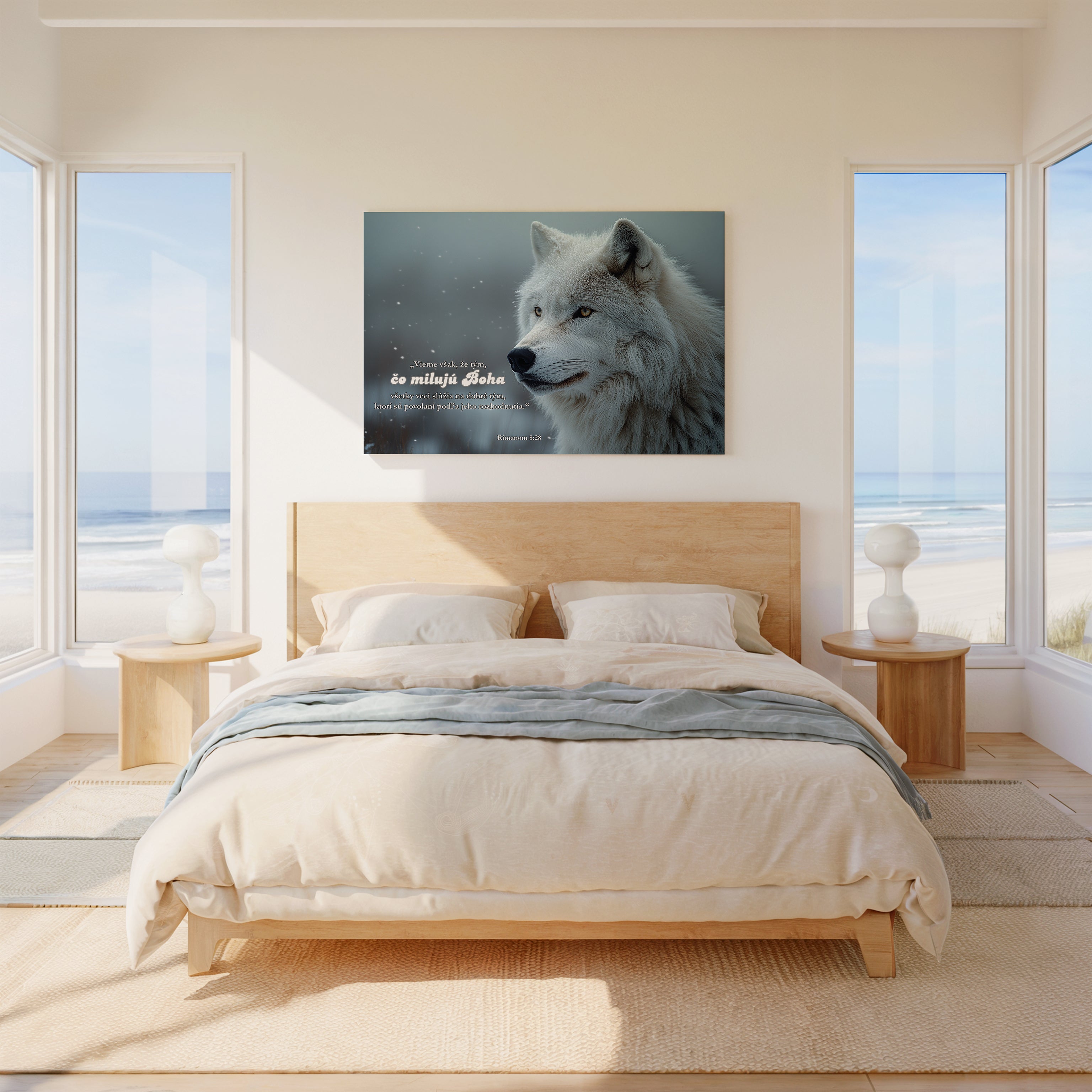 Obraz na stenu - Rimanom 8:28, zvolený dizajn s bielym vlkom v modernom interiéri.
