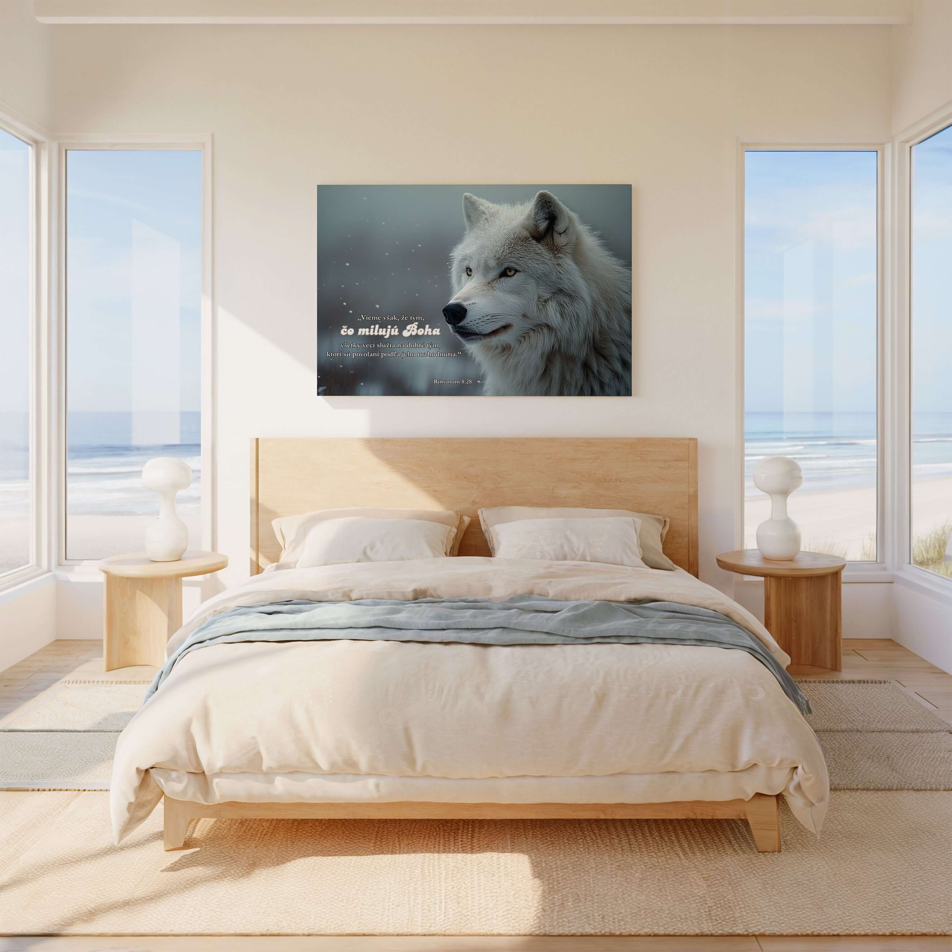 Obraz na stenu - Rimanom 8:28, zvolený dizajn s bielym vlkom v modernom interiéri.