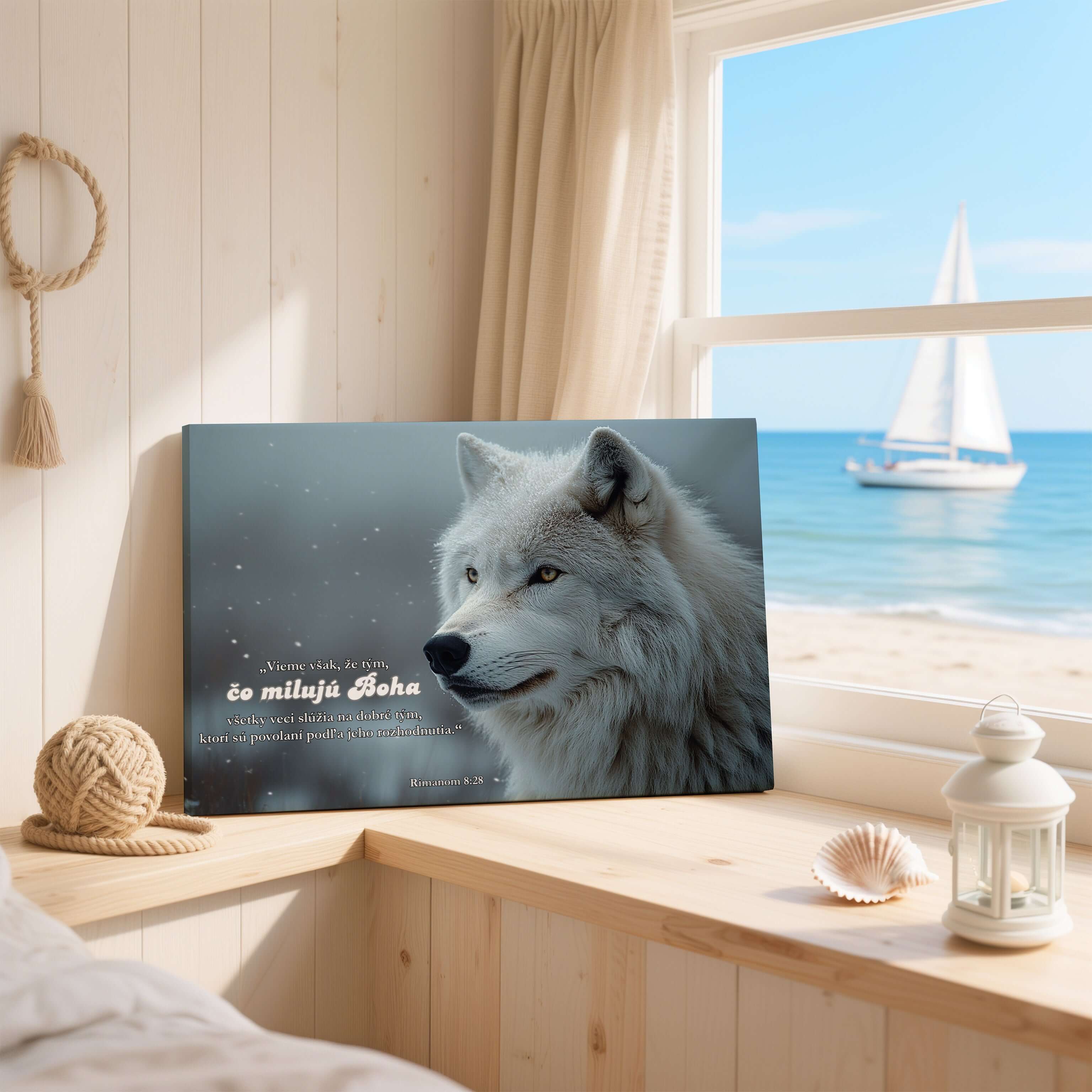 Obraz na stenu s bielym vlkom a citátom o láske k Bohu, umiestnený na okne s výhľadom na more.