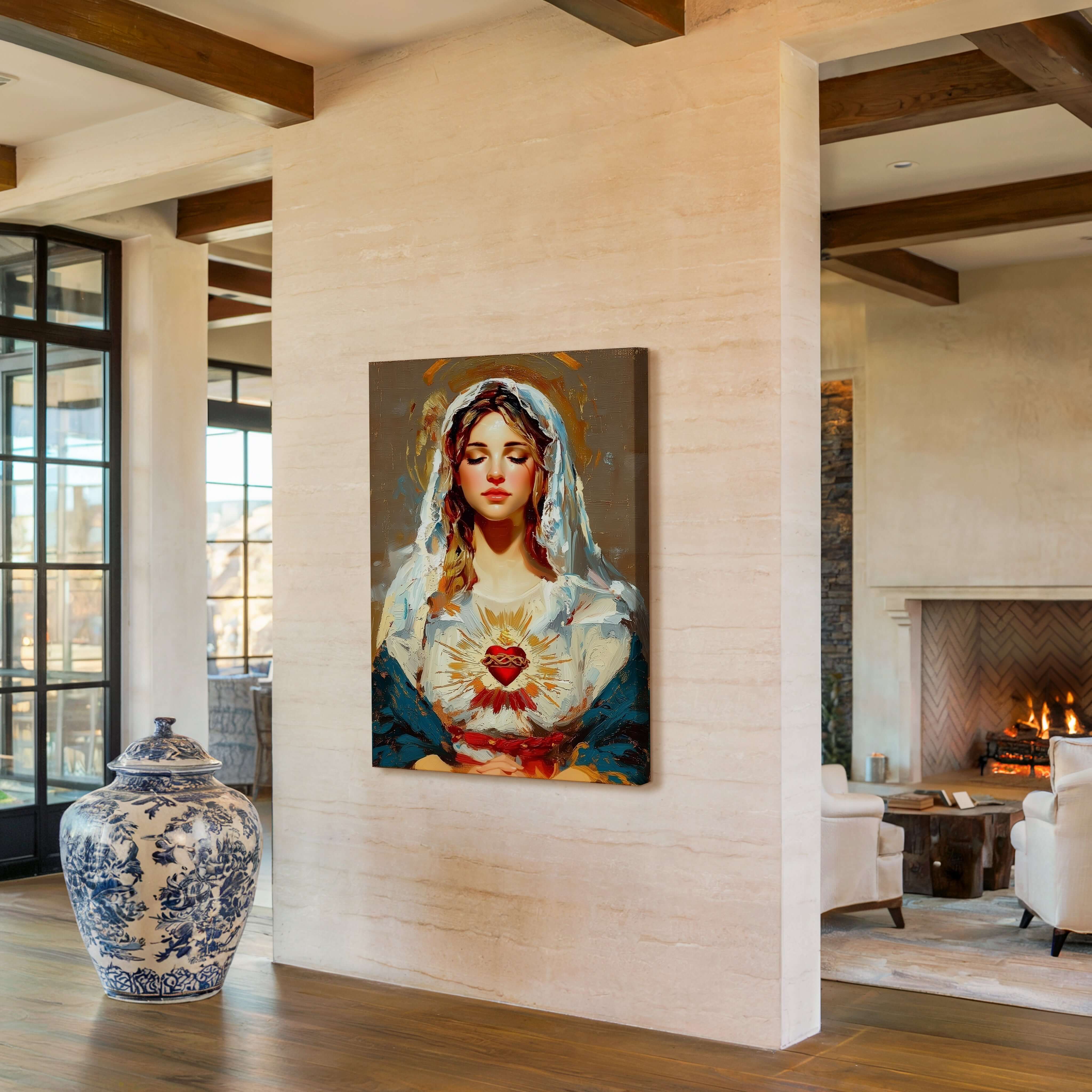 Obraz na stenu zobrazuje Nepoškvrnené Srdce Panny Márie v modernom interiéri s elegantným nábytkom.