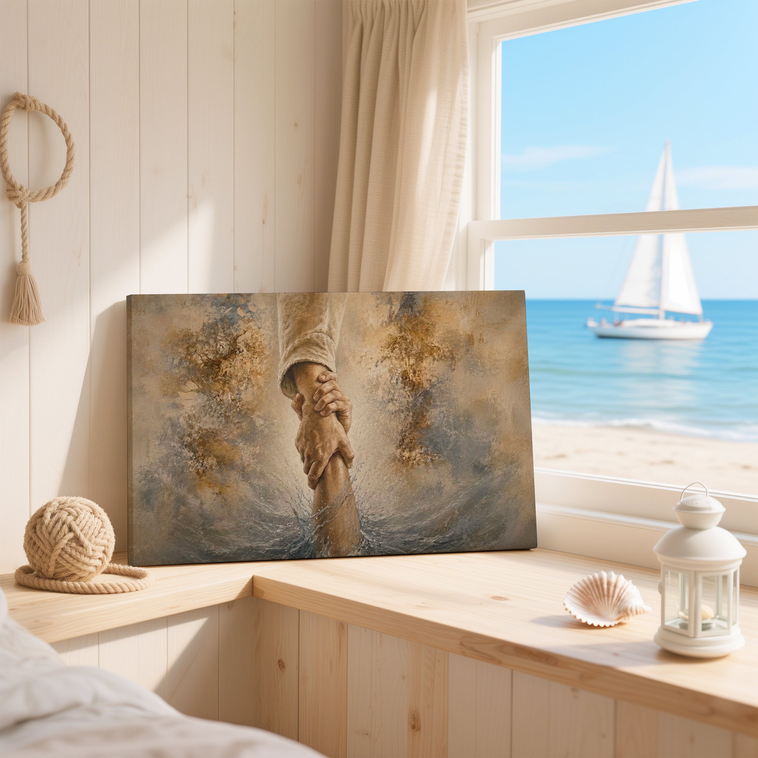 Obraz na stenu – Ježiš Zachraňuje, maľba Ježiša, ktorý zachraňuje topiaceho sa človeka, s morom v pozadí.