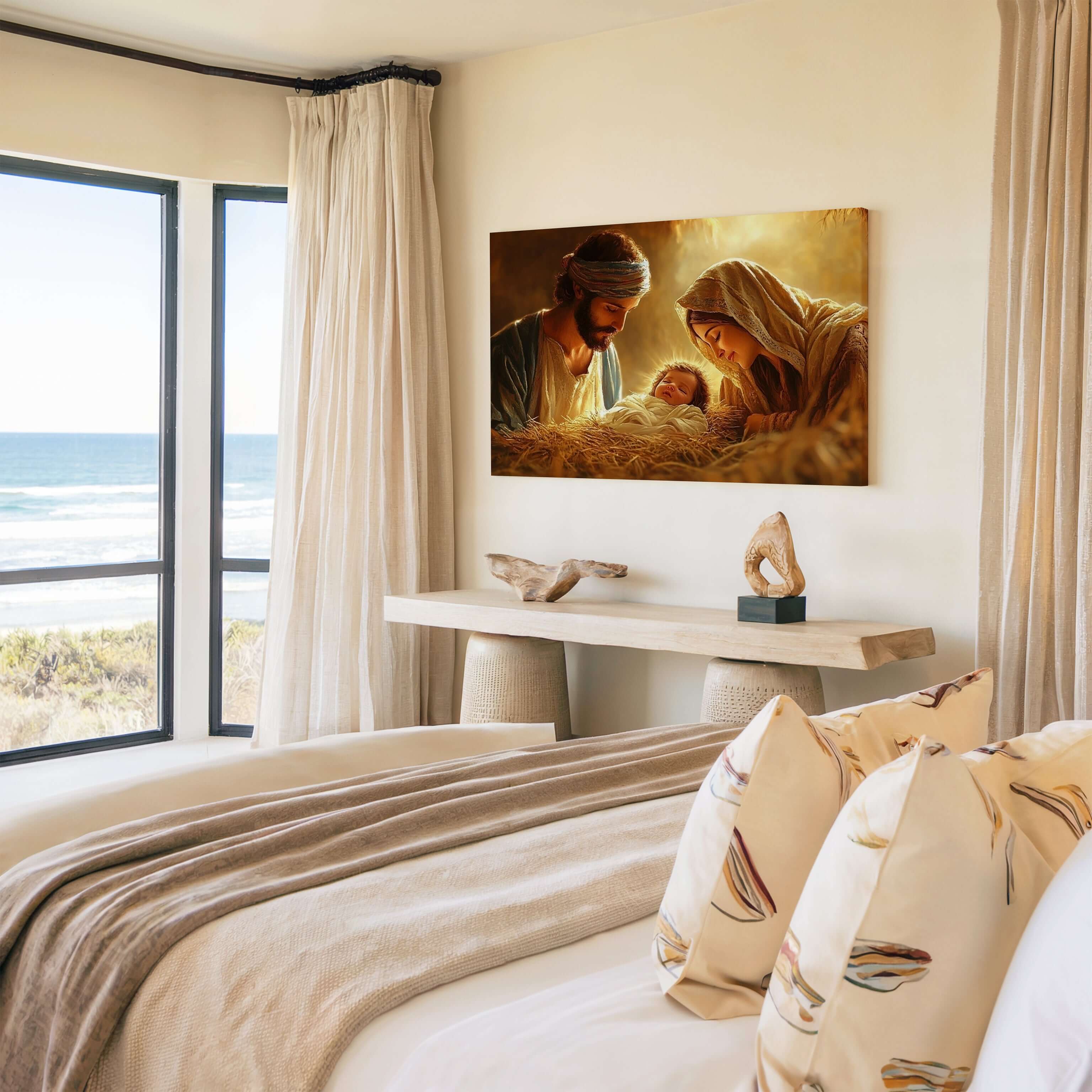 Obraz na stenu - Svätá rodina s narodením Ježiša Krista v domácom interiéri s výhľadom na oceán.