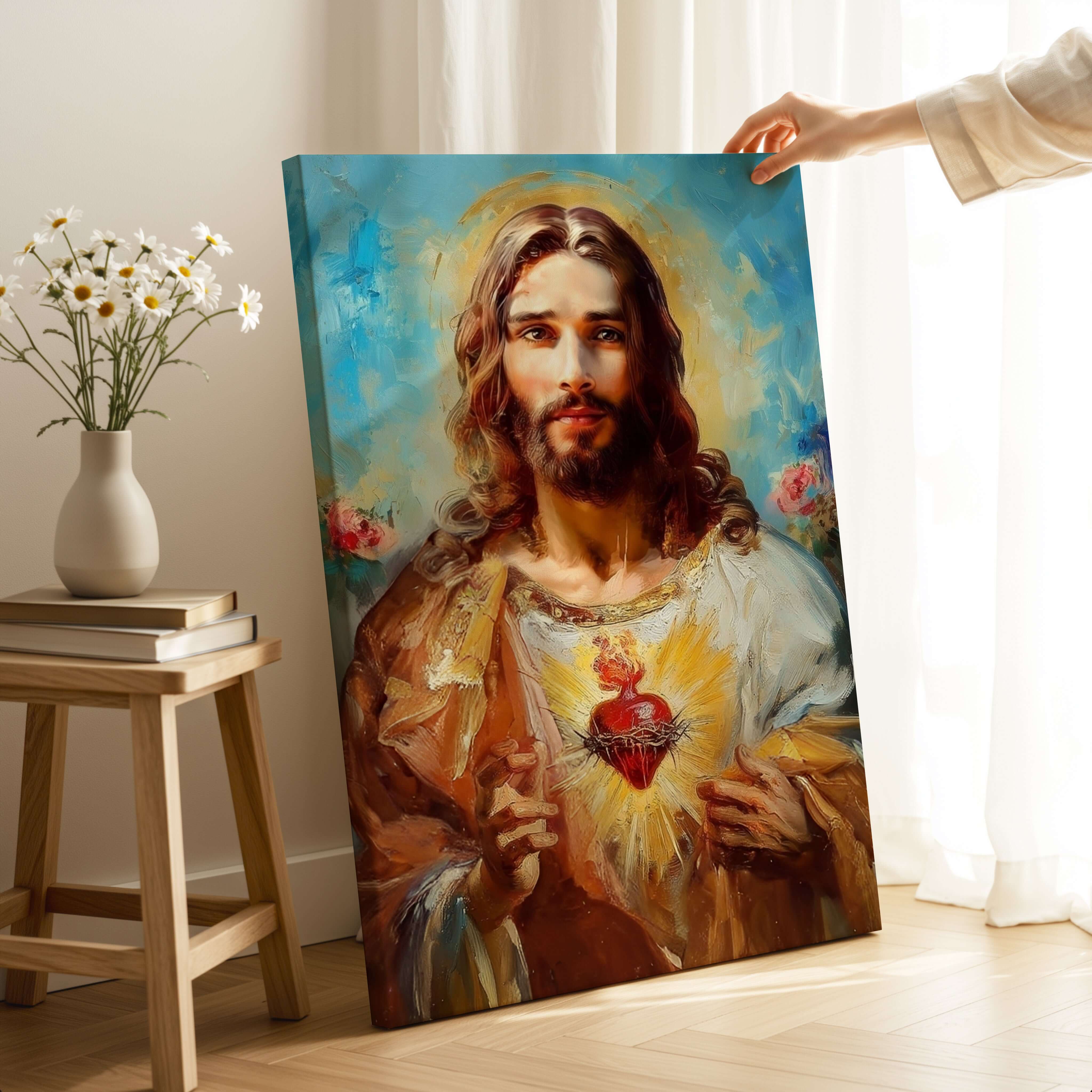 Obraz na stenu Najsvätejšie Srdce Ježiša s vyžarujúcim pokojom a múdrosťou.