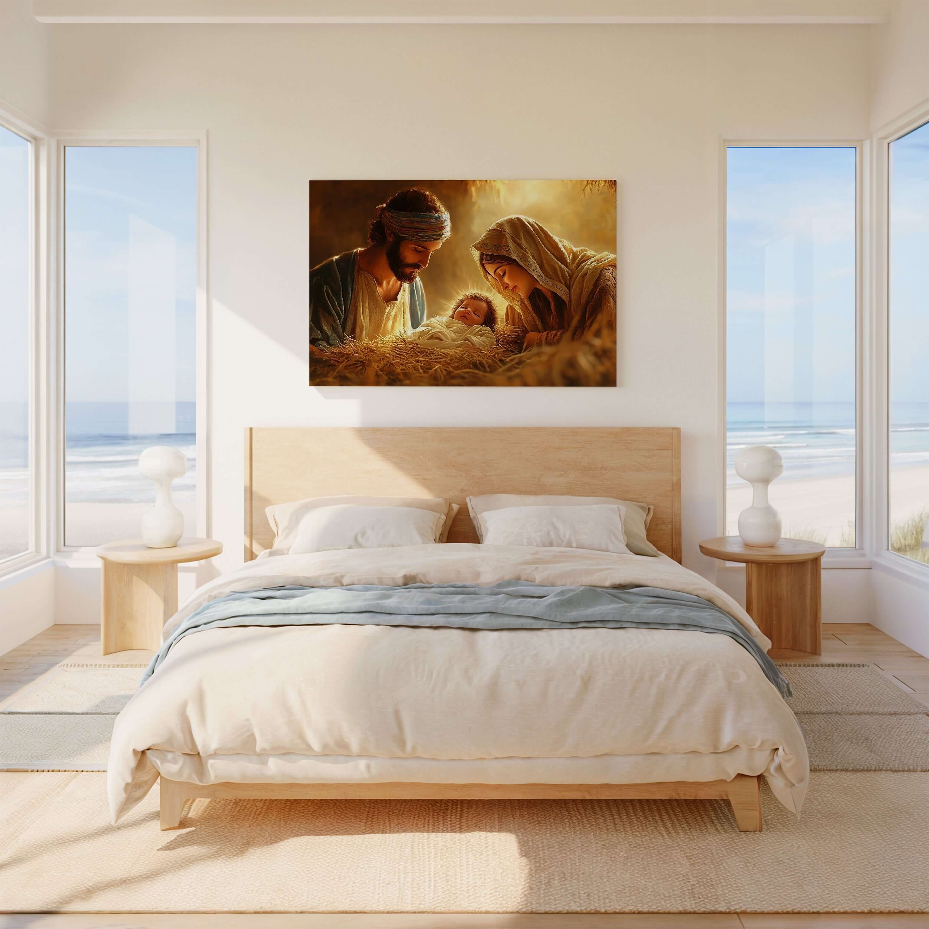 Obraz na stenu - Svätá rodina zobrazuje Ježiša Krista s rodičmi v miestnosti s výhľadom na more.