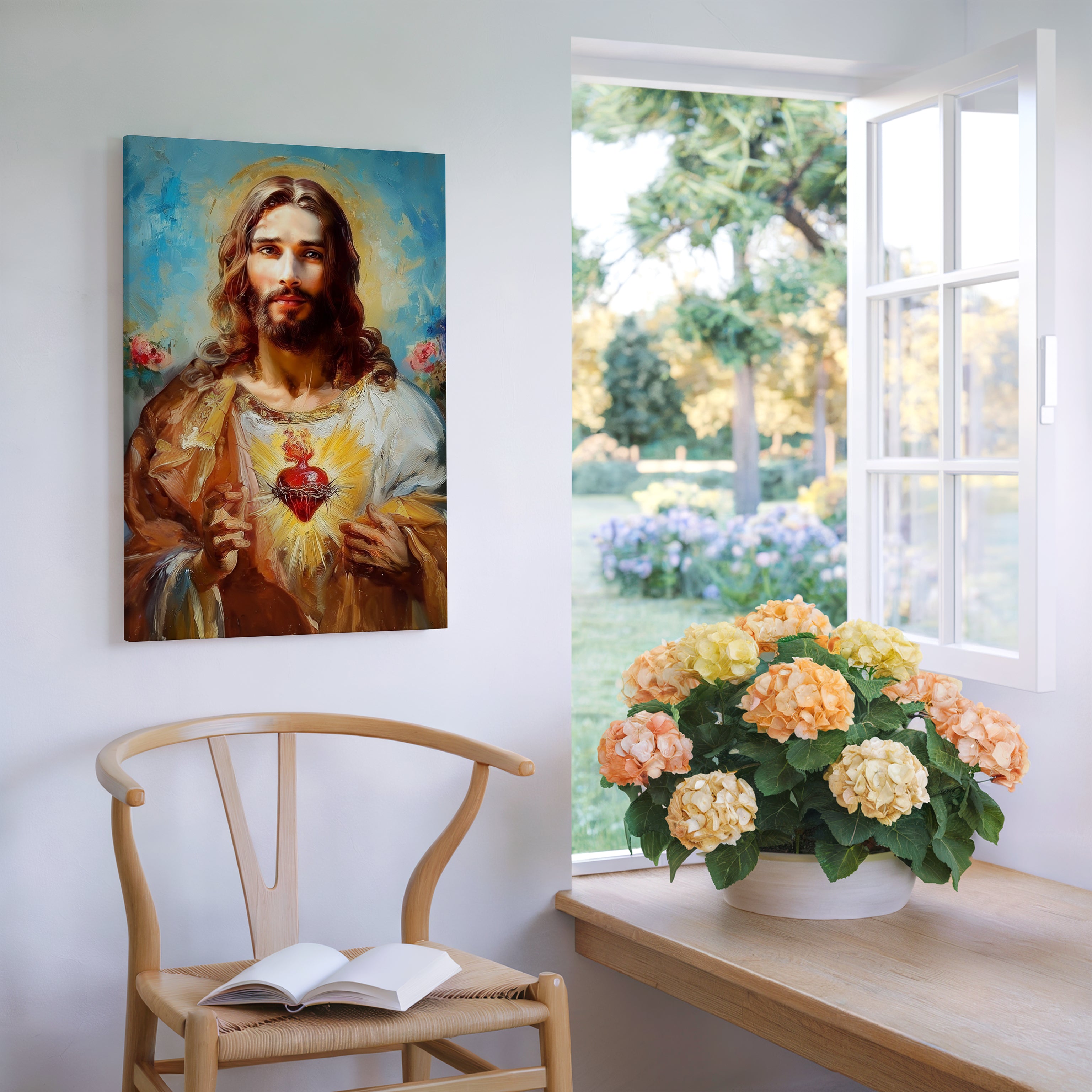 Obraz na stenu Najsvätejšie Srdce Ježiša s pokojnou atmosférou a kvetinovým aranžmánom.