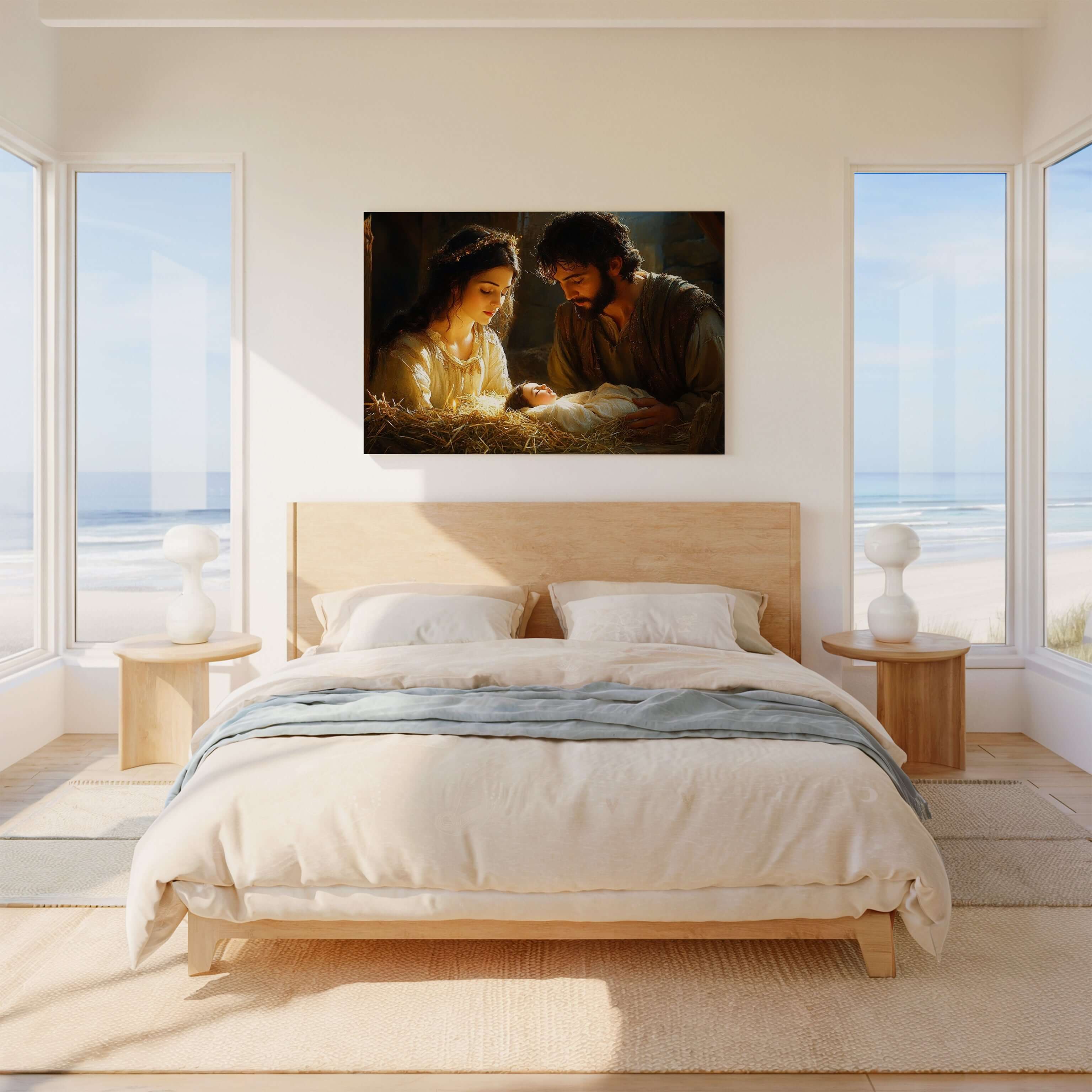 Obraz na stenu znázorňuje Narodenie Krista s Máriou a Jozefom v pokornej úcte nad dieťaťom Ježišom.