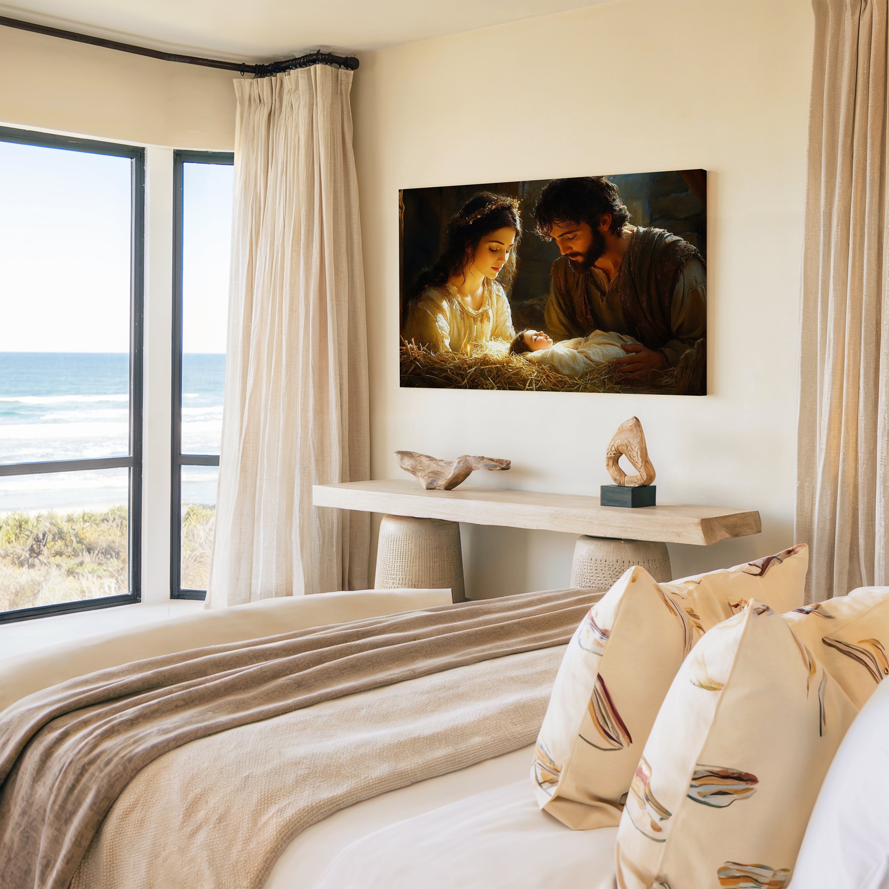 Obraz na stenu znázorňuje Narodenie Krista s Máriou a Jozefom v pokore pri dieťati Ježišovi.