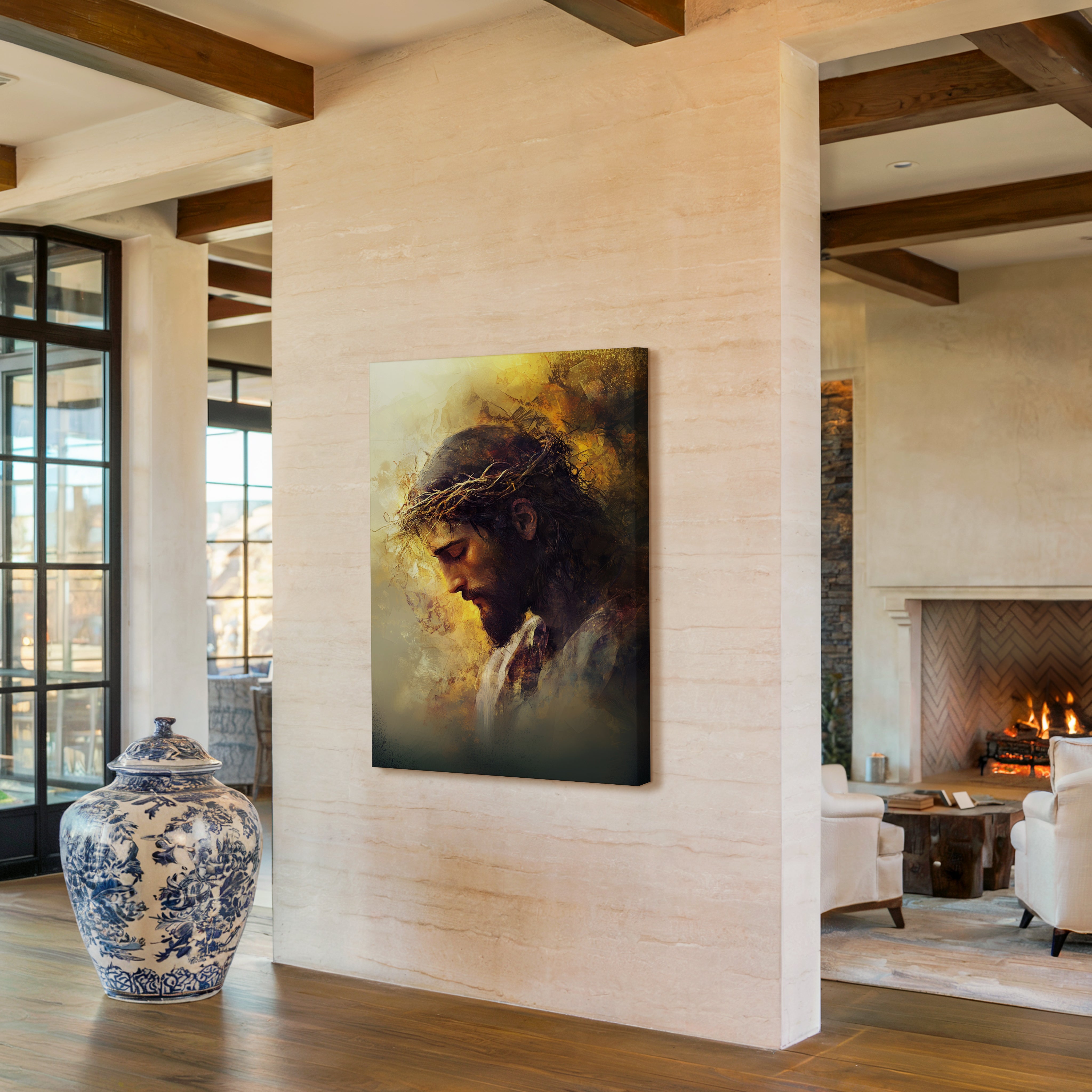 Obraz na stenu - Ježiš Kristus v tichom utrpení na stene moderného interiéru s nádherným prostredím.