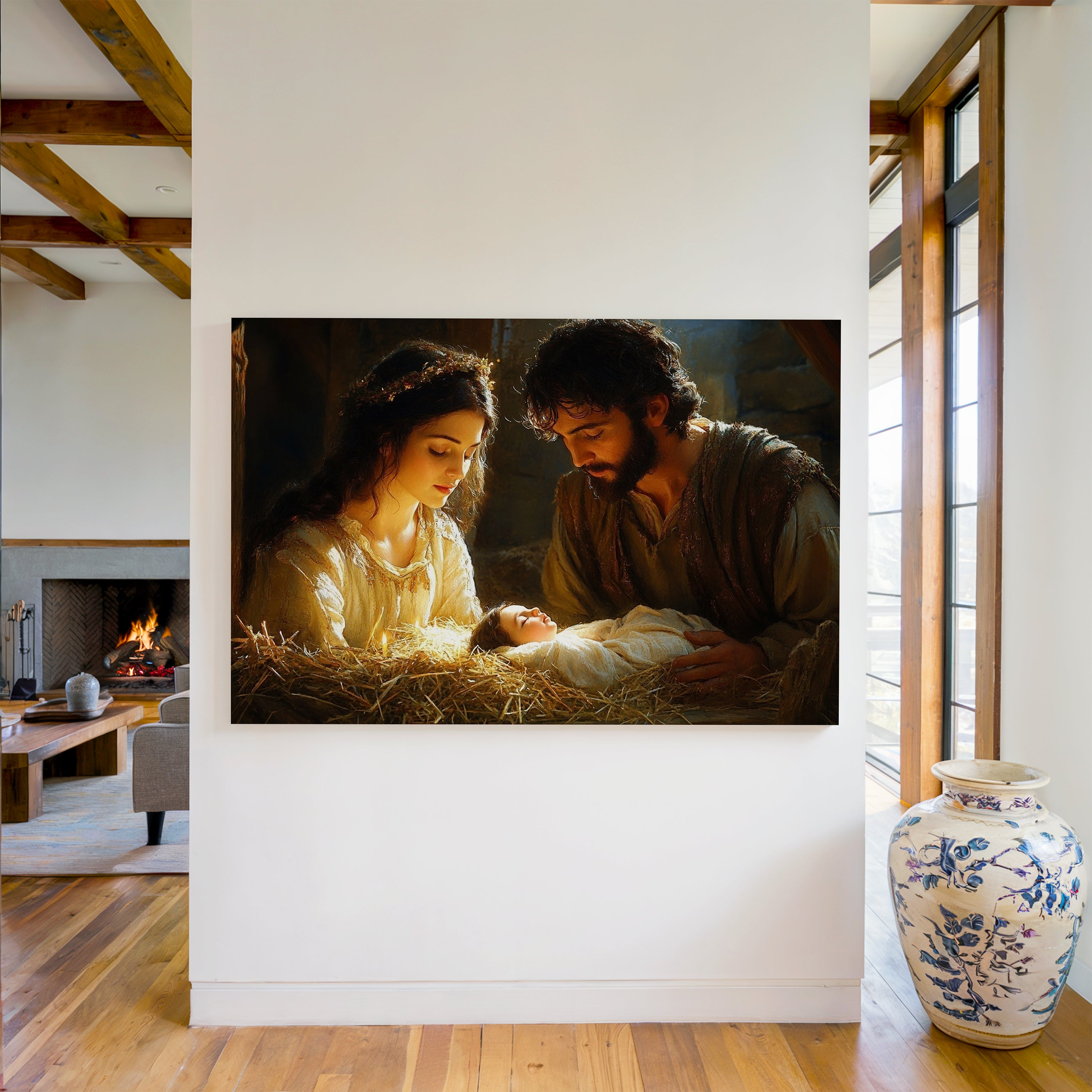 Obraz na stenu zobrazuje Narodenie Krista s Máriou a Jozefom pri dieťati Ježišovi v pokornej atmosfére.