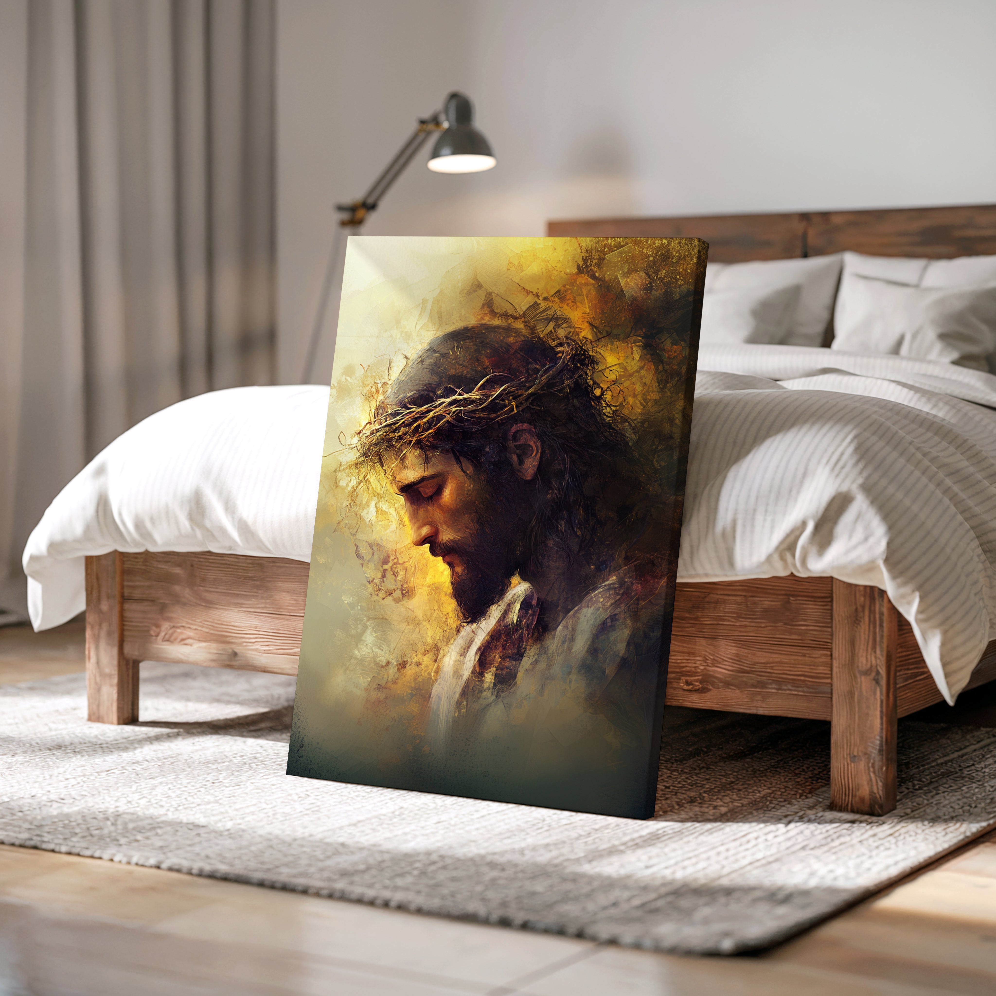 Obraz na stenu - Ježiš Kristus v tichom utrpení na pozadí postele a interiéru.