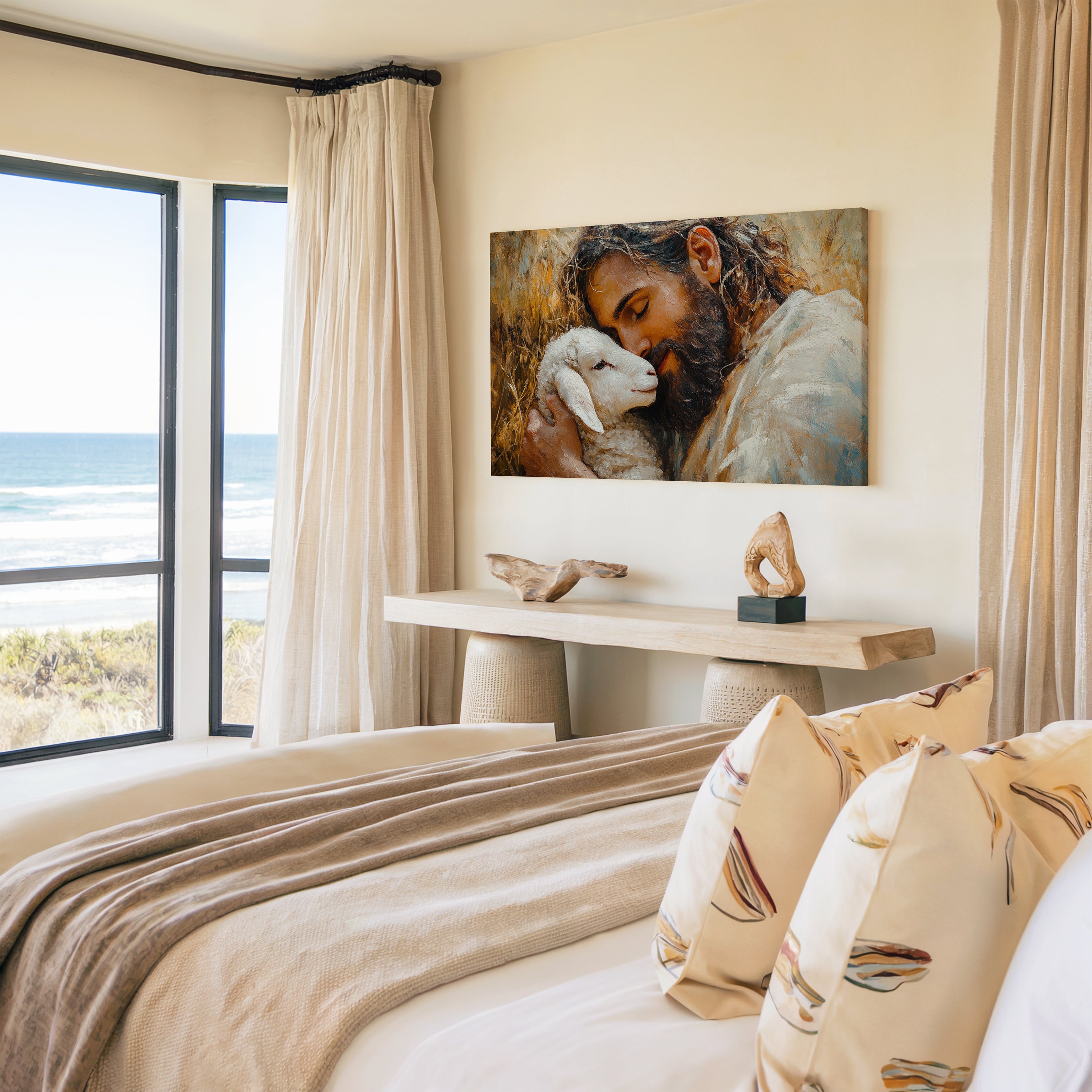Obraz na stenu Ježiš Kristus dobrý pastier v moderne zariadenej izbe s výhľadom na more.