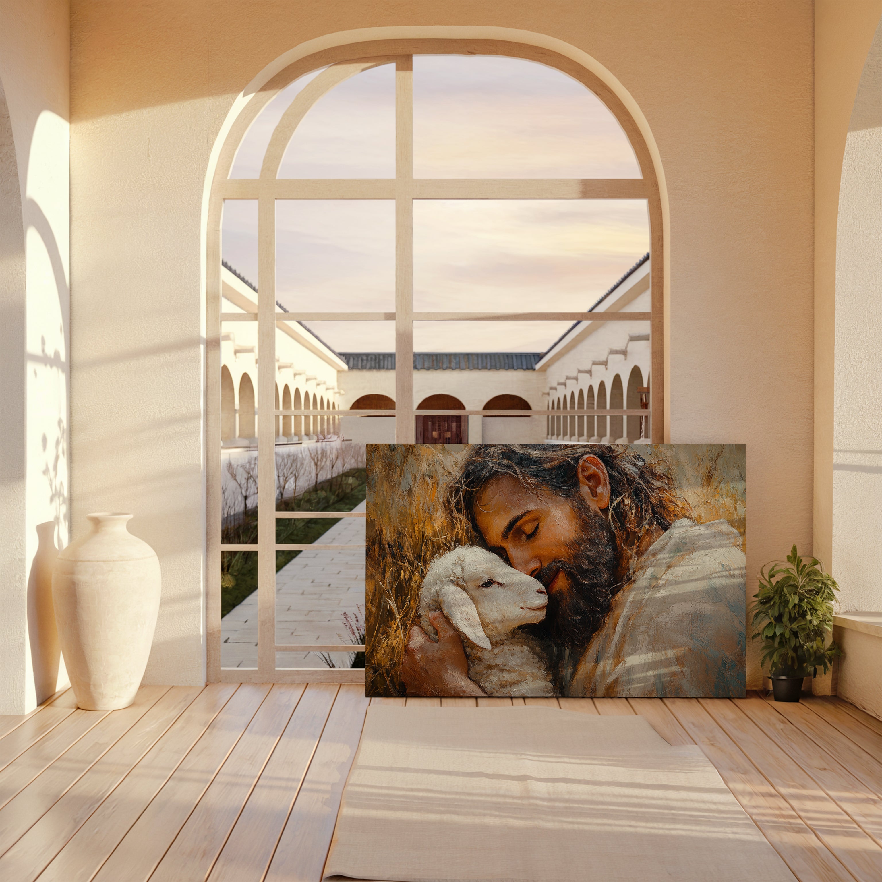 Obraz na stenu Ježiš Kristus dobrý pastier s jahniatkom v interiéri s veľkými oknami.