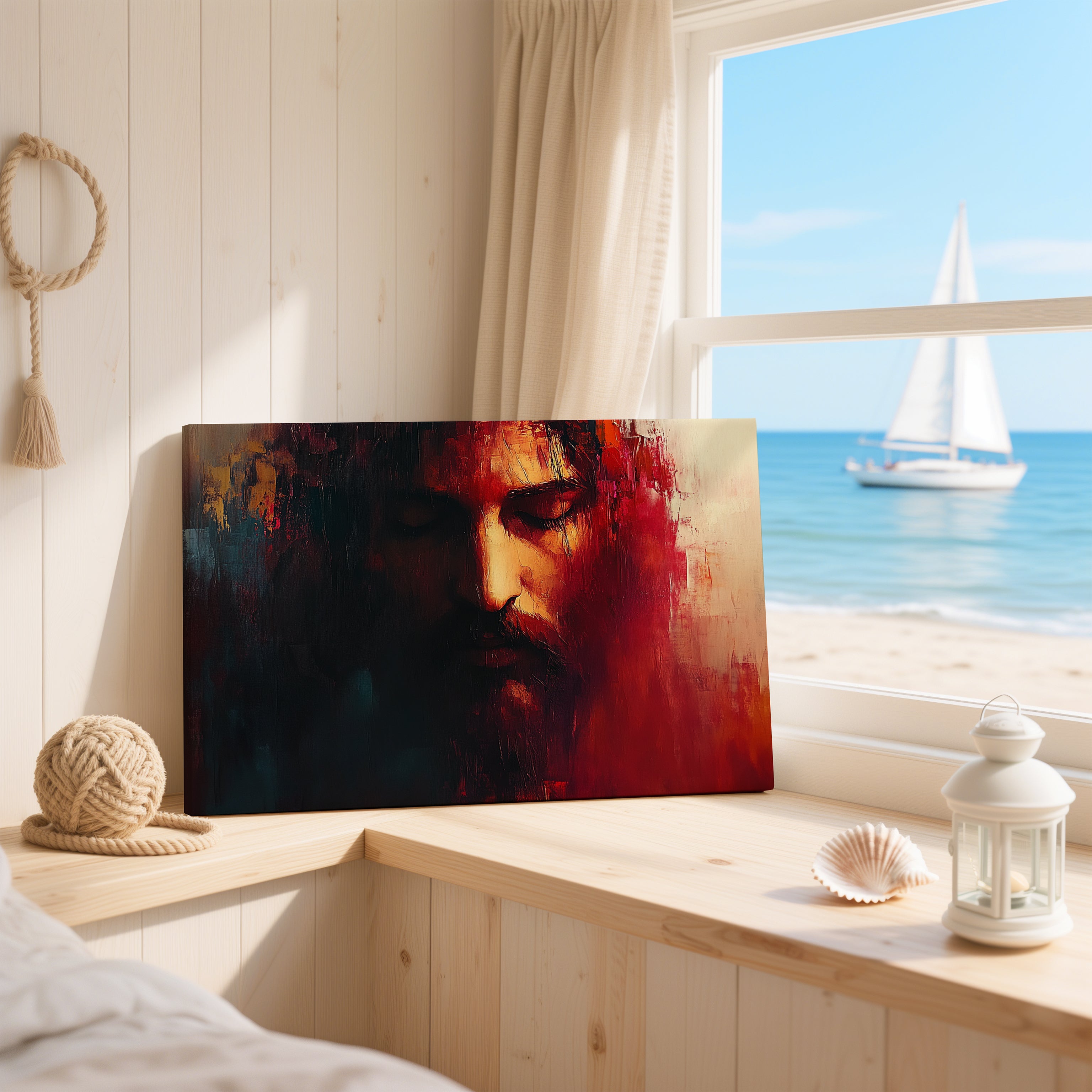 Obraz na stenu - Ježiš Kristus tvár ticha v interiéri s výhľadom na more.