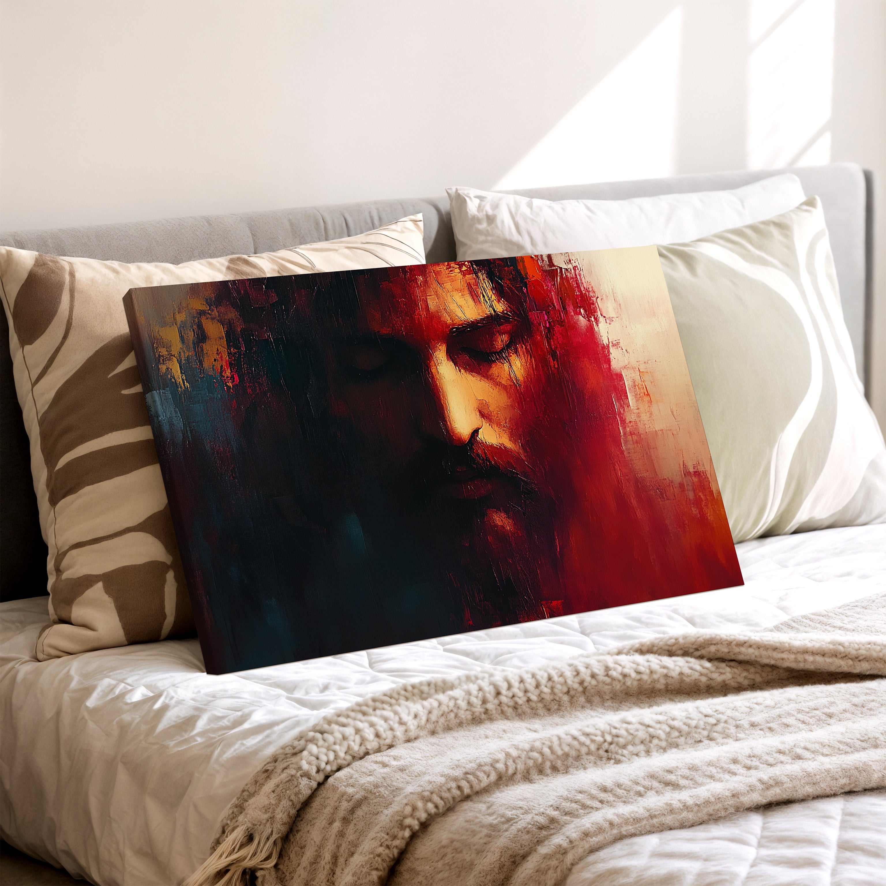 Obraz na stenu - Ježiš Kristus tvár ticha na pohovke, vyžaruje hlboké stíšenie a vnútornú vážnosť.