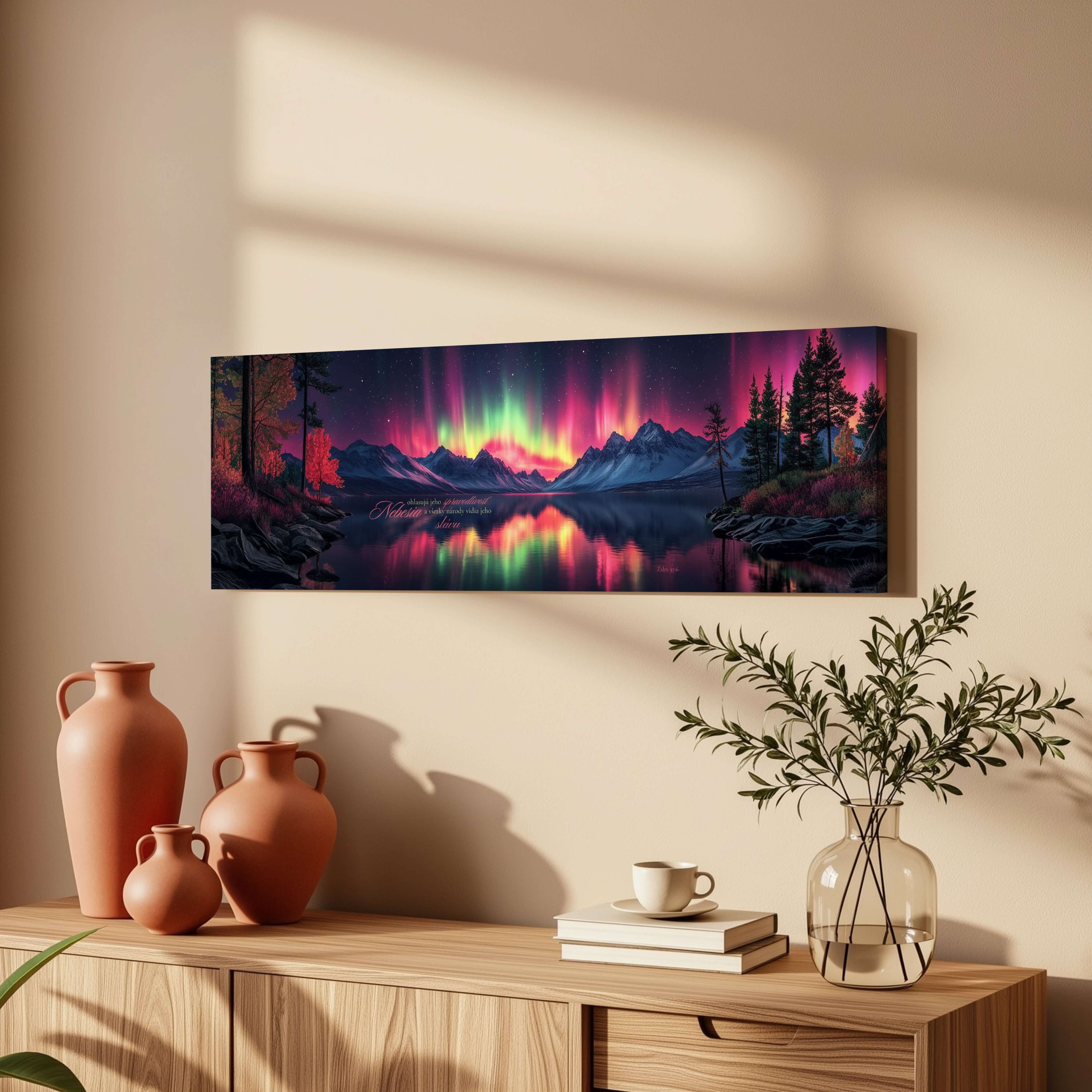 Obraz na stenu z aurorou nad horami a lesmi, odrážajúci sa v jazere, moderný domácí decor