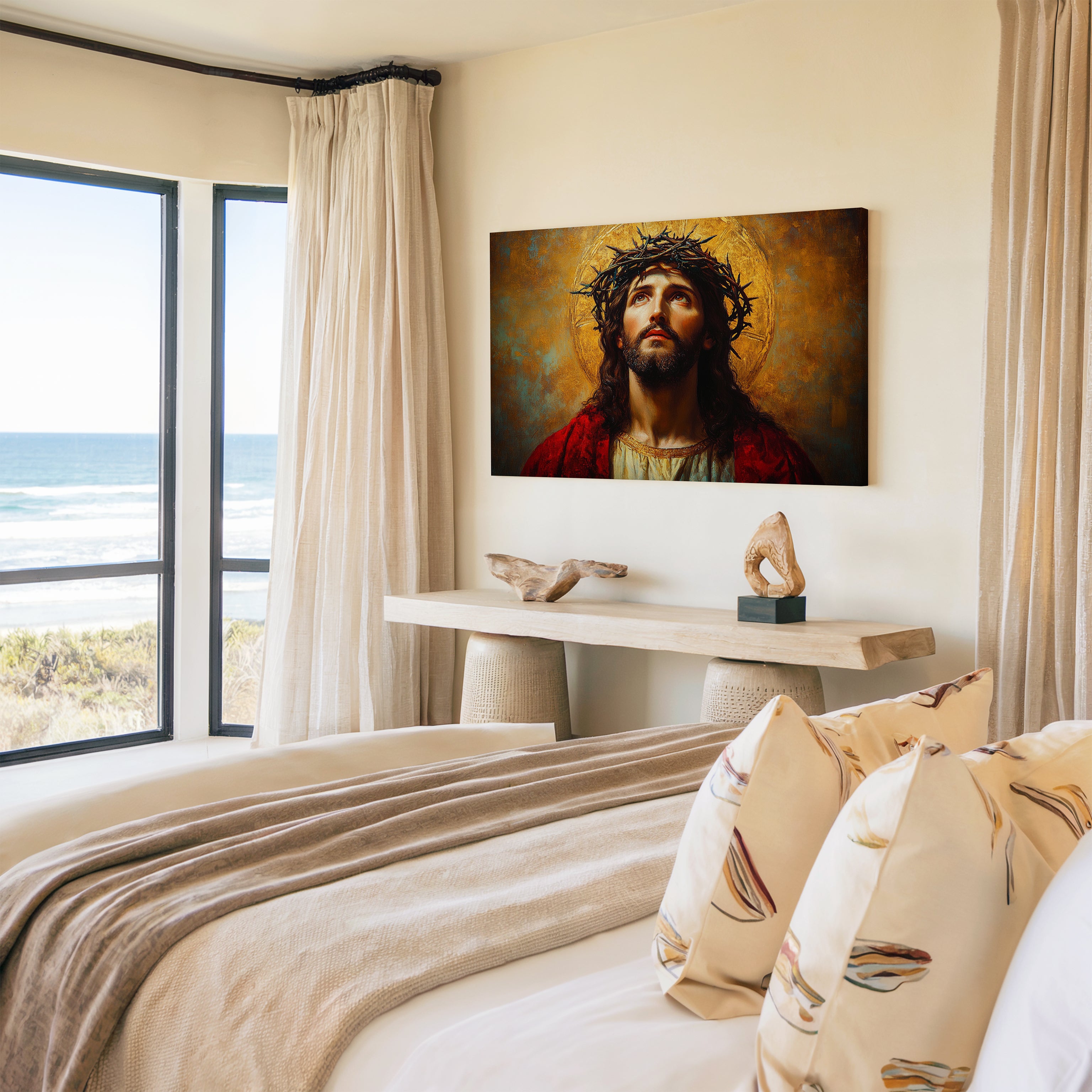 Obraz na stenu - Ježiš Kristus pohľad k Otcovi v moderne zariadenej spálni s výhľadom na more.