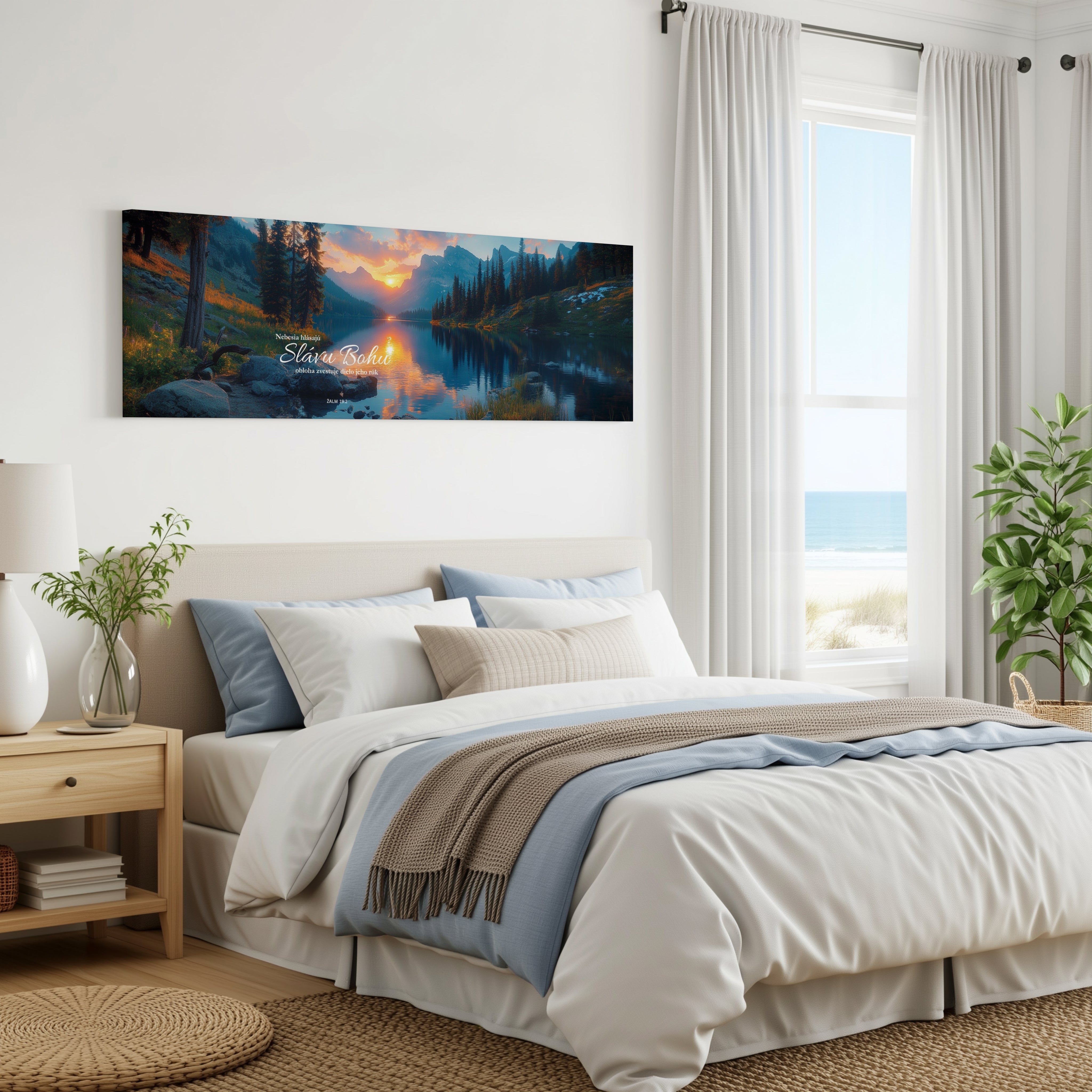 Elegant bedroom featuring a serene landscape wall art above a cozy bed with natural light.
