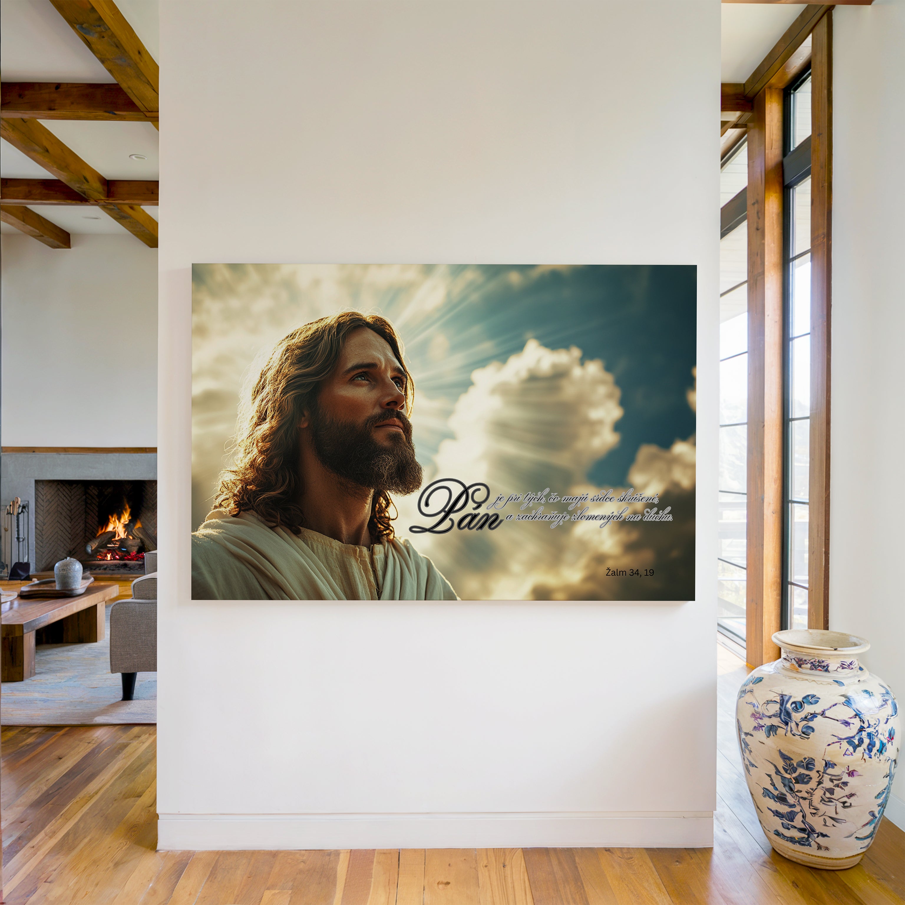 Obraz na stenu - portrét Ježiša s biblickým veršom "Pán je pri tých, čo majú srdce skrúšené".