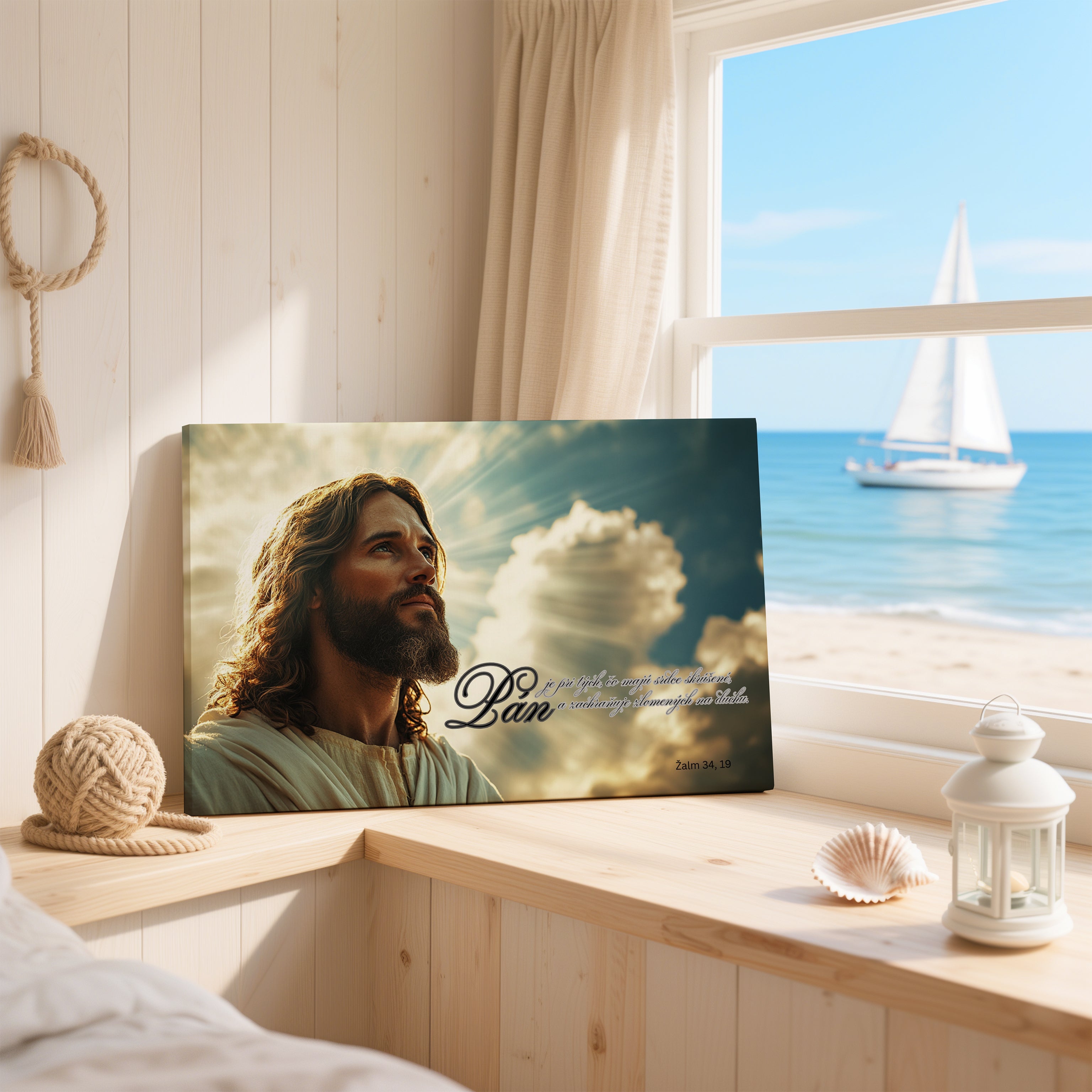 Obraz na stenu s obrazom Ježiša pri okne s výhľadom na more, s biblickým veršom Pán.