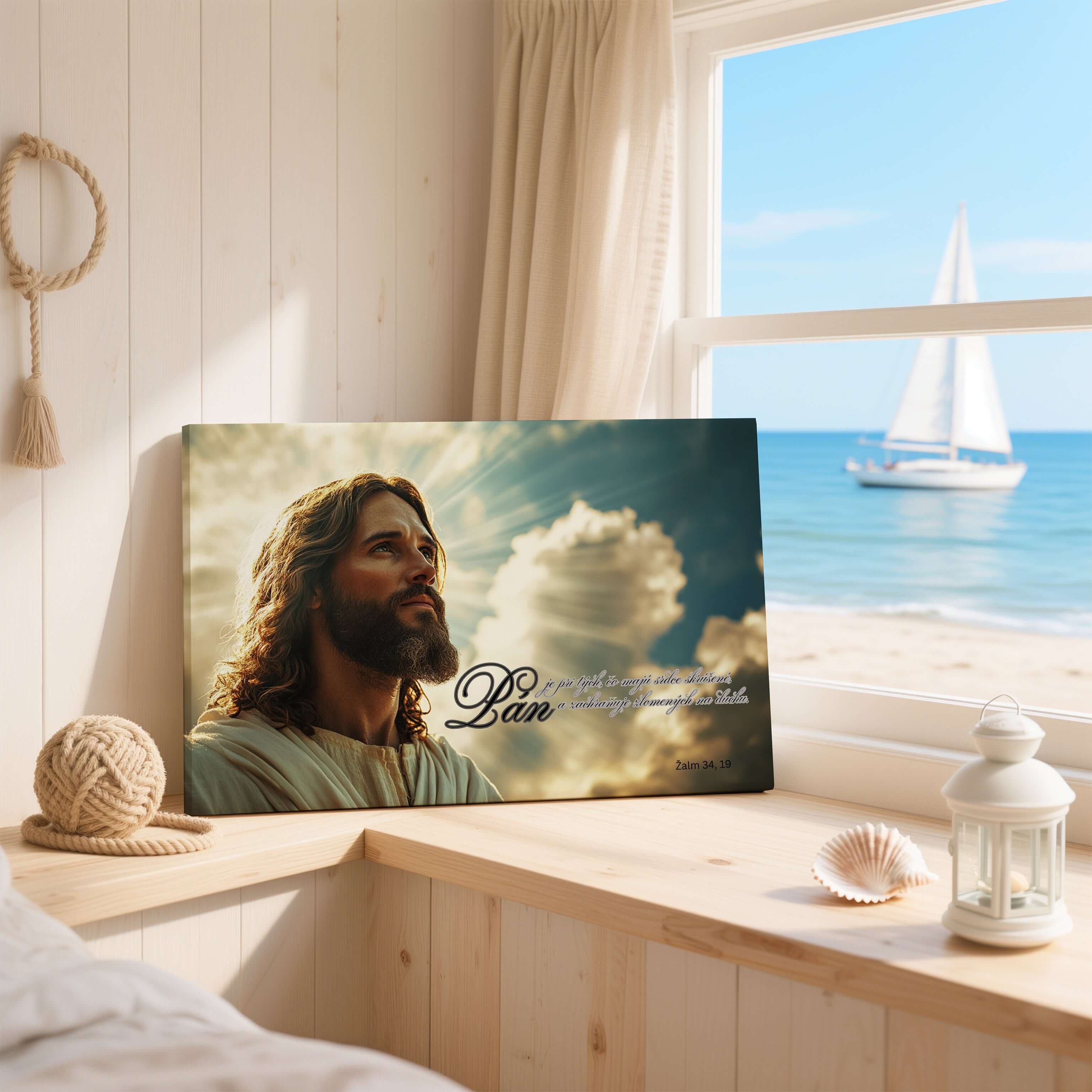 Obraz na stenu s obrazom Ježiša pri okne s výhľadom na more, s biblickým veršom Pán.