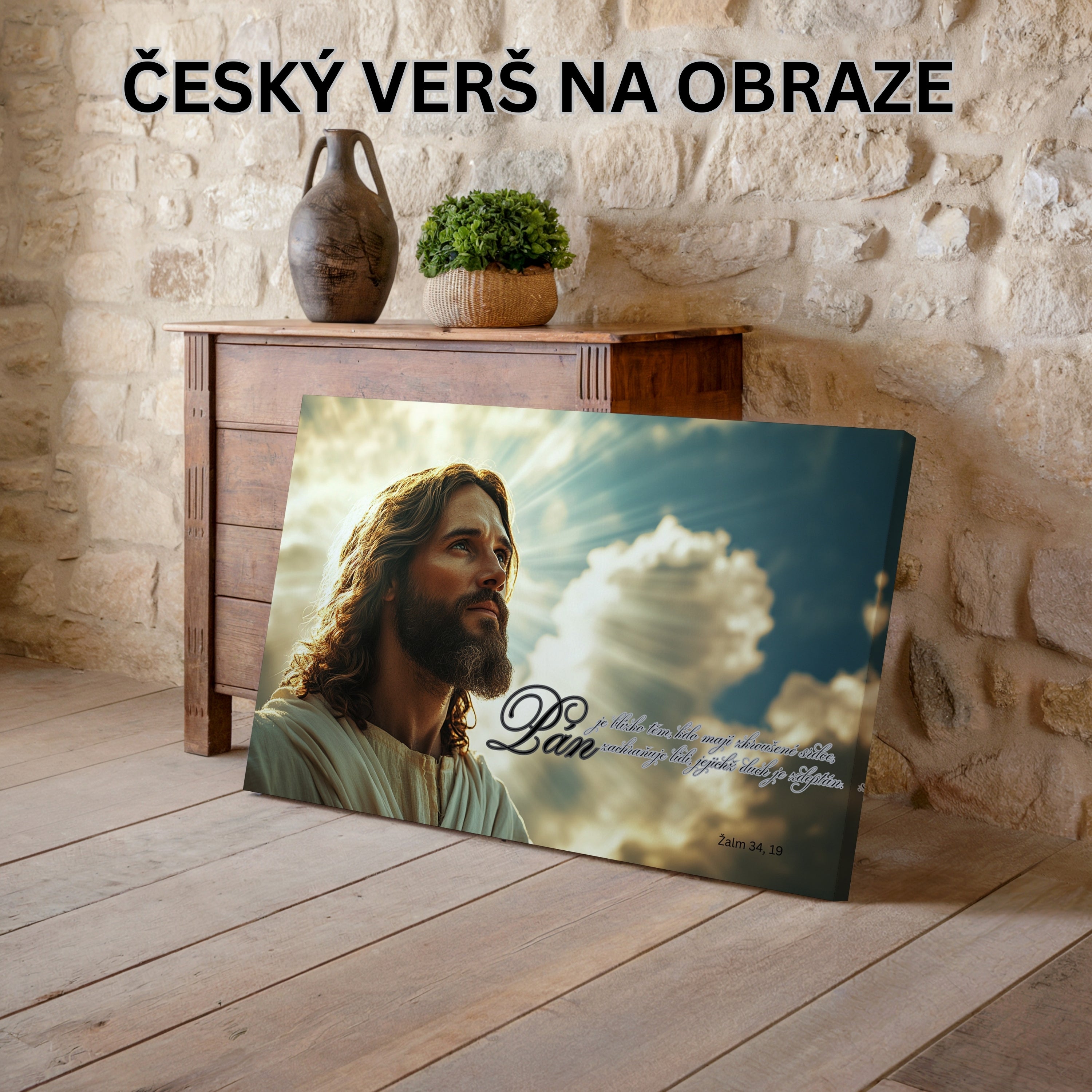 Obraz na stenu - Český verš Žalm 34, 19 s biblickým posolstvom a obrázkom Ježiša.
