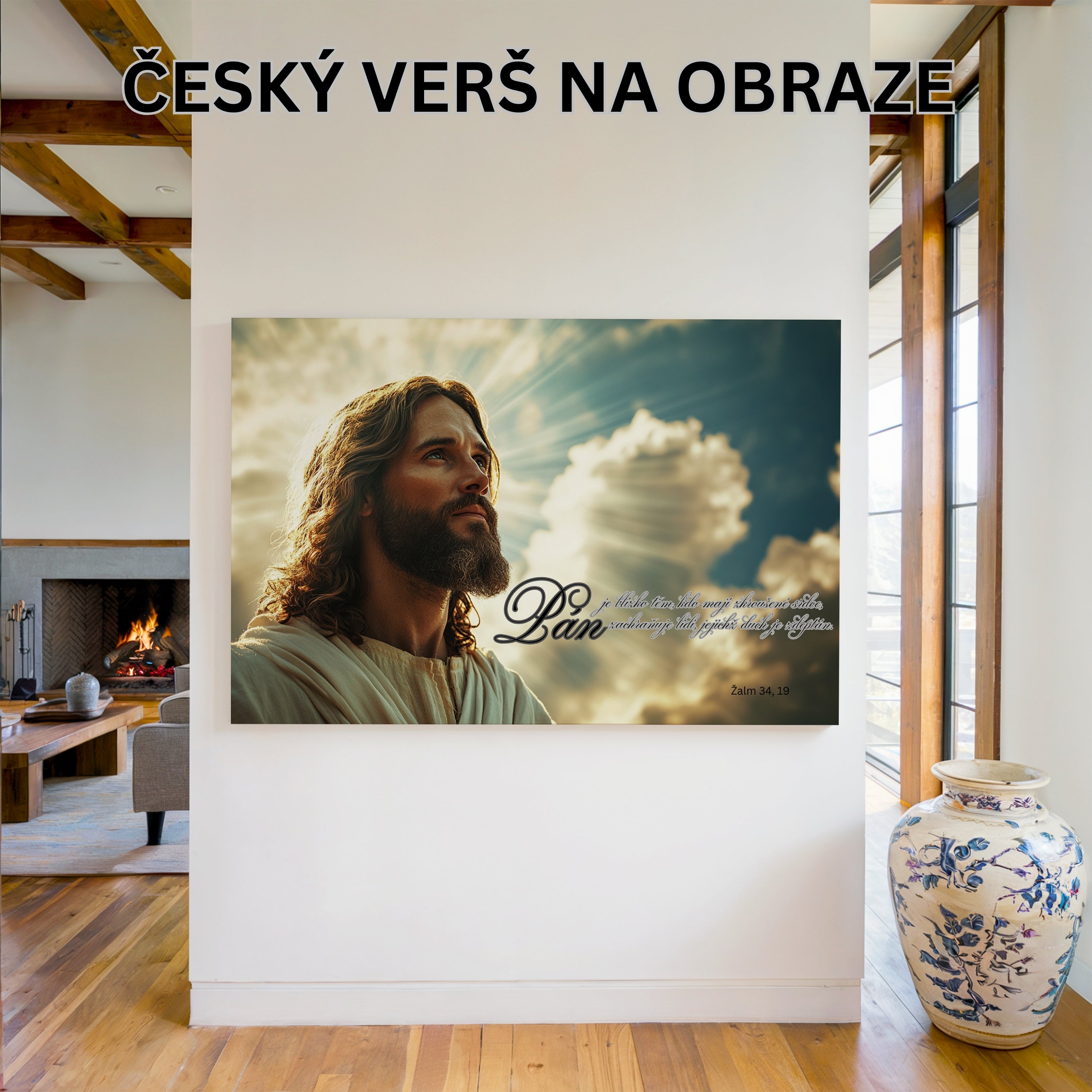 Obraz na stenu s biblickým veršom a zobrazením Ježiša Krista v interiéri s moderným dizajnom.