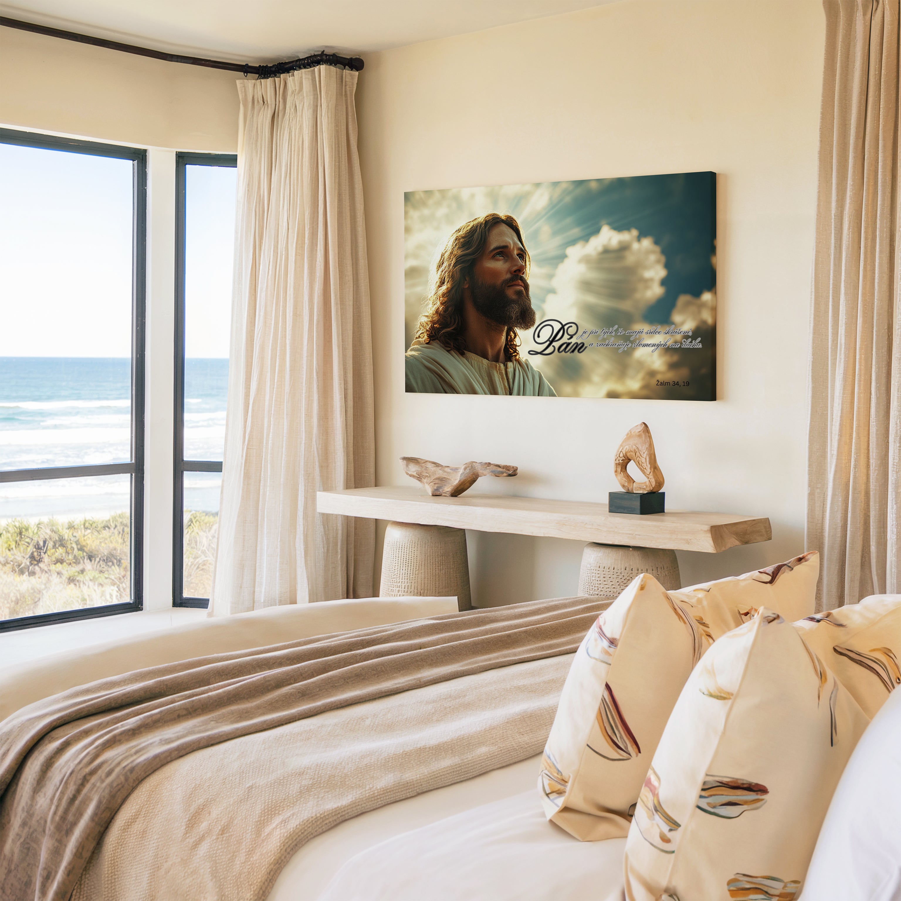 Obraz na stenu - Žalm 34, 19, s motívom Ježiša v spálni s výhľadom na more.