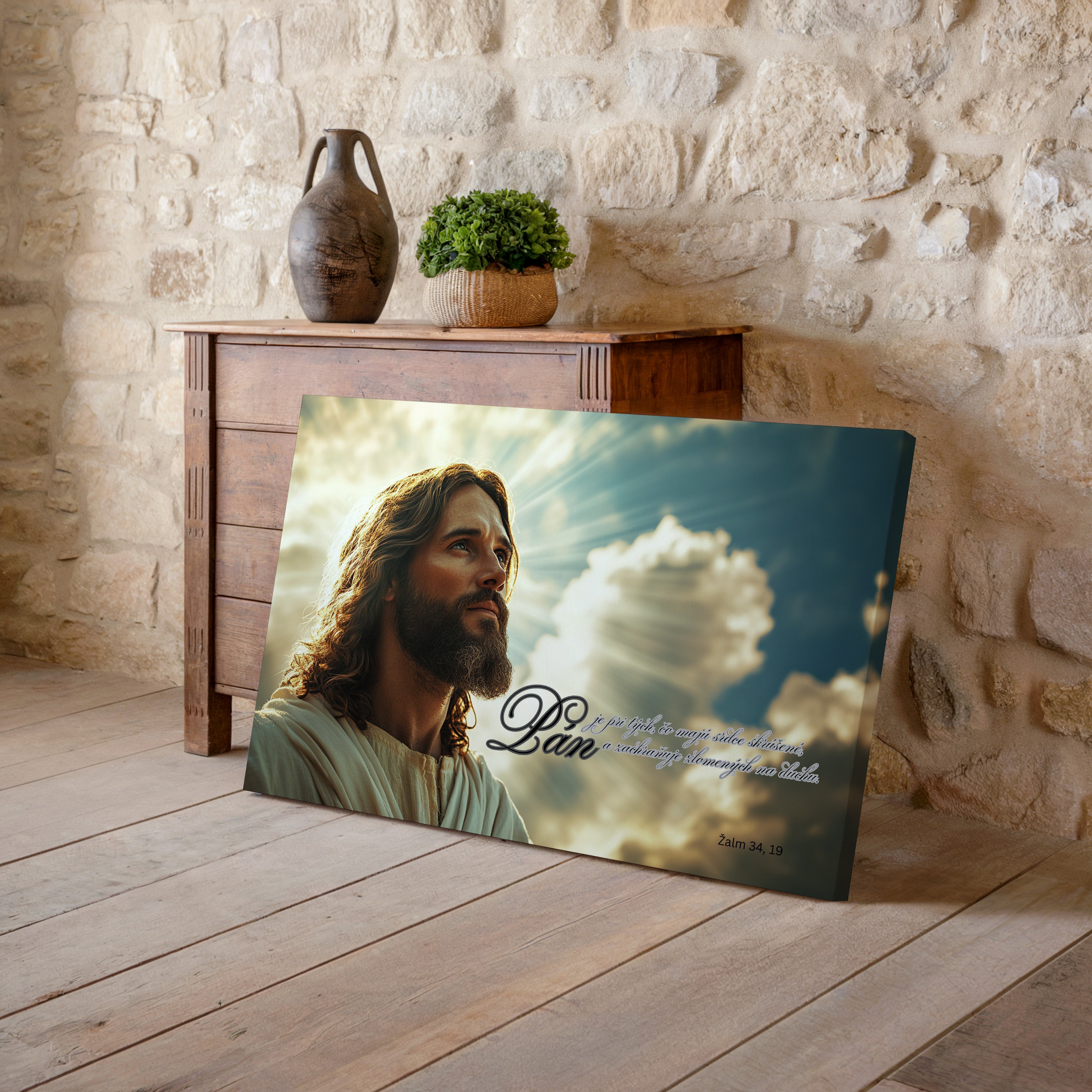 Obraz na stenu - Žalm 34, 19 s Ježišom a biblickým veršom 'Pán je pri tých, čo majú srdce skrúšené'.