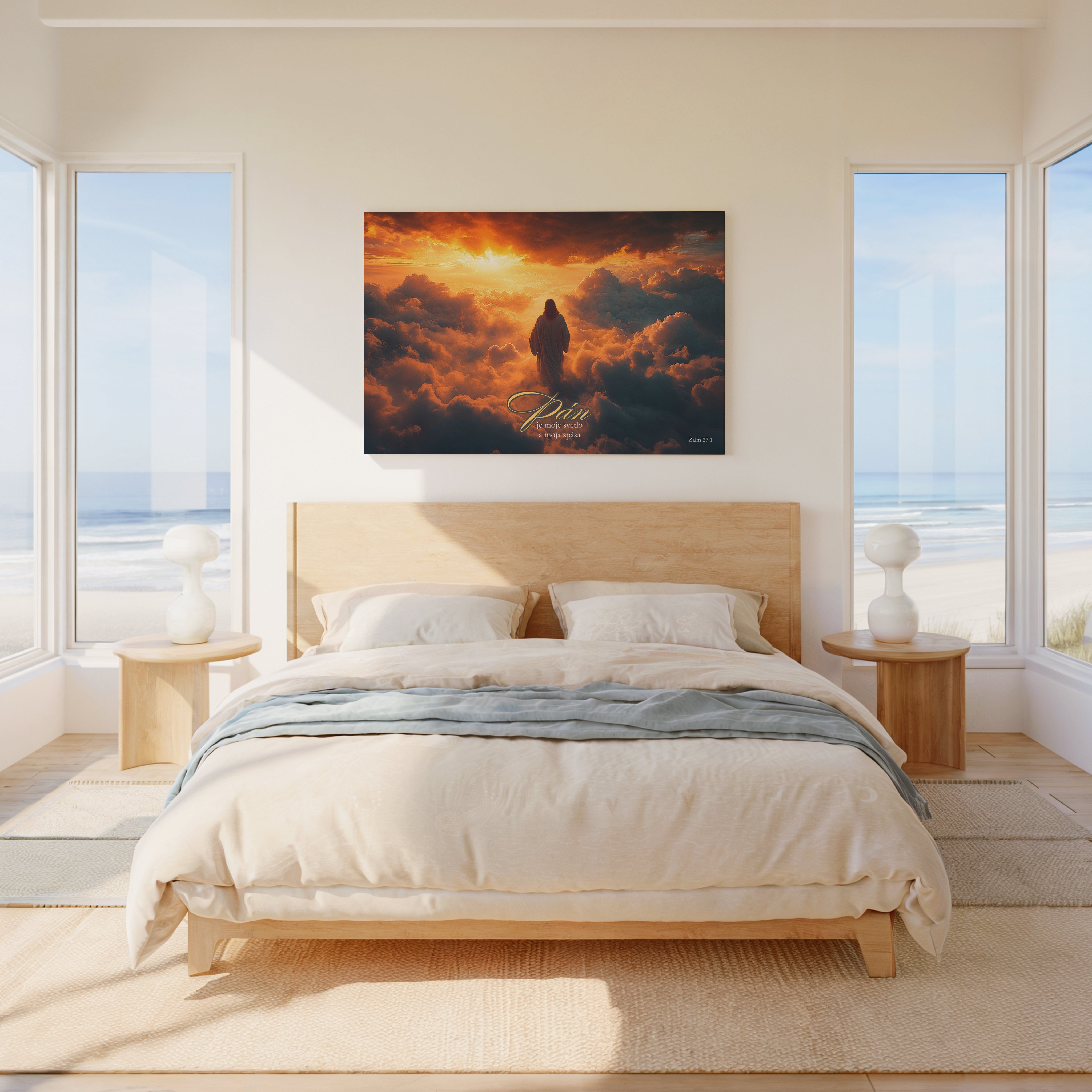 Obraz na stenu - Žalm 27:1 v modernom interiéri s panorámou mora a slnkom za mrakmi.