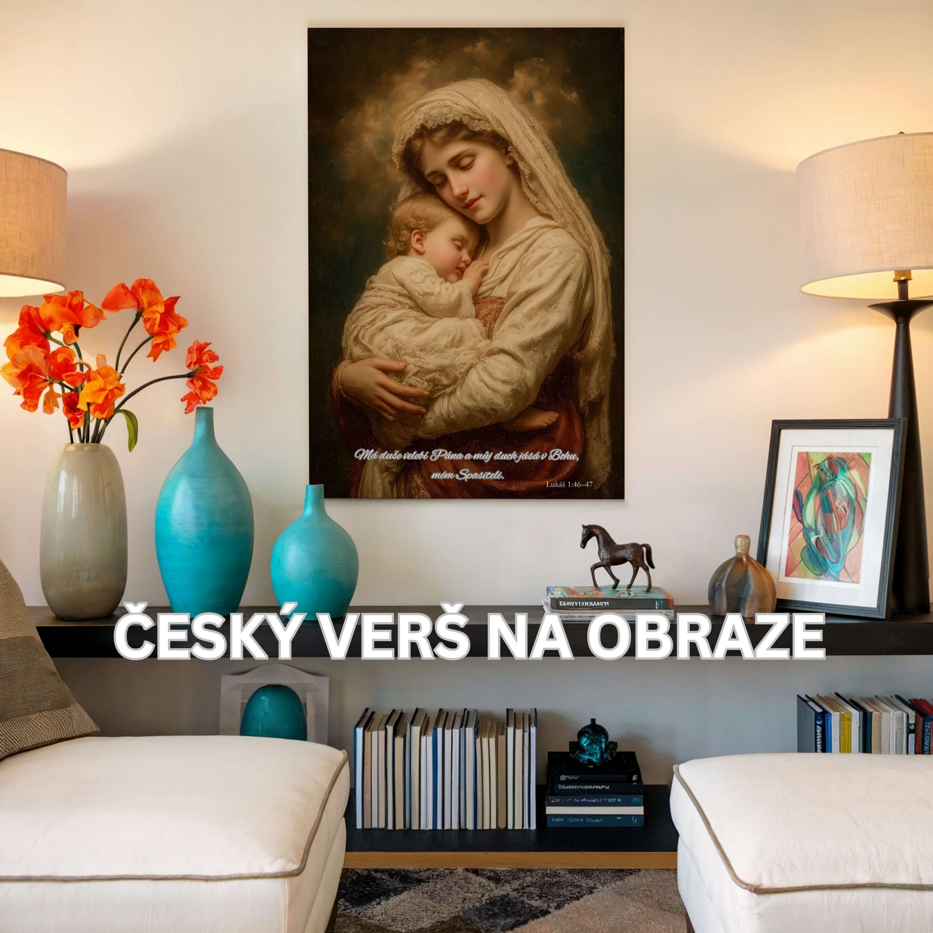 Obraz na stenu zobrazuje Máriu s Ježišom, zachytávajúci pokoj a lásku, ideálny na dekoráciu.