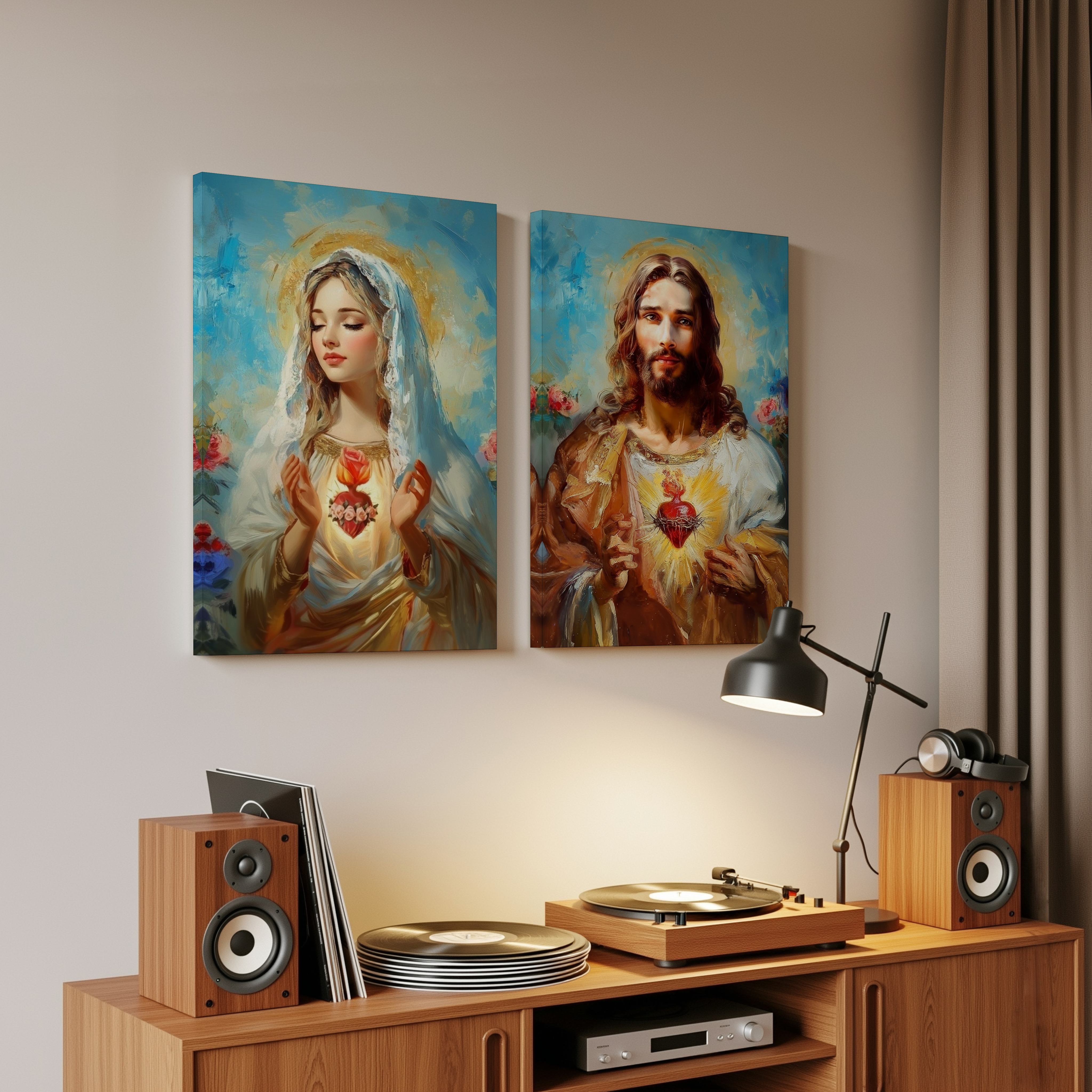 Obraz na stenu - Nepoškvrnené Srdce Panny Márie a Srdce Ježiša na stene nad hi-fi zariadením.