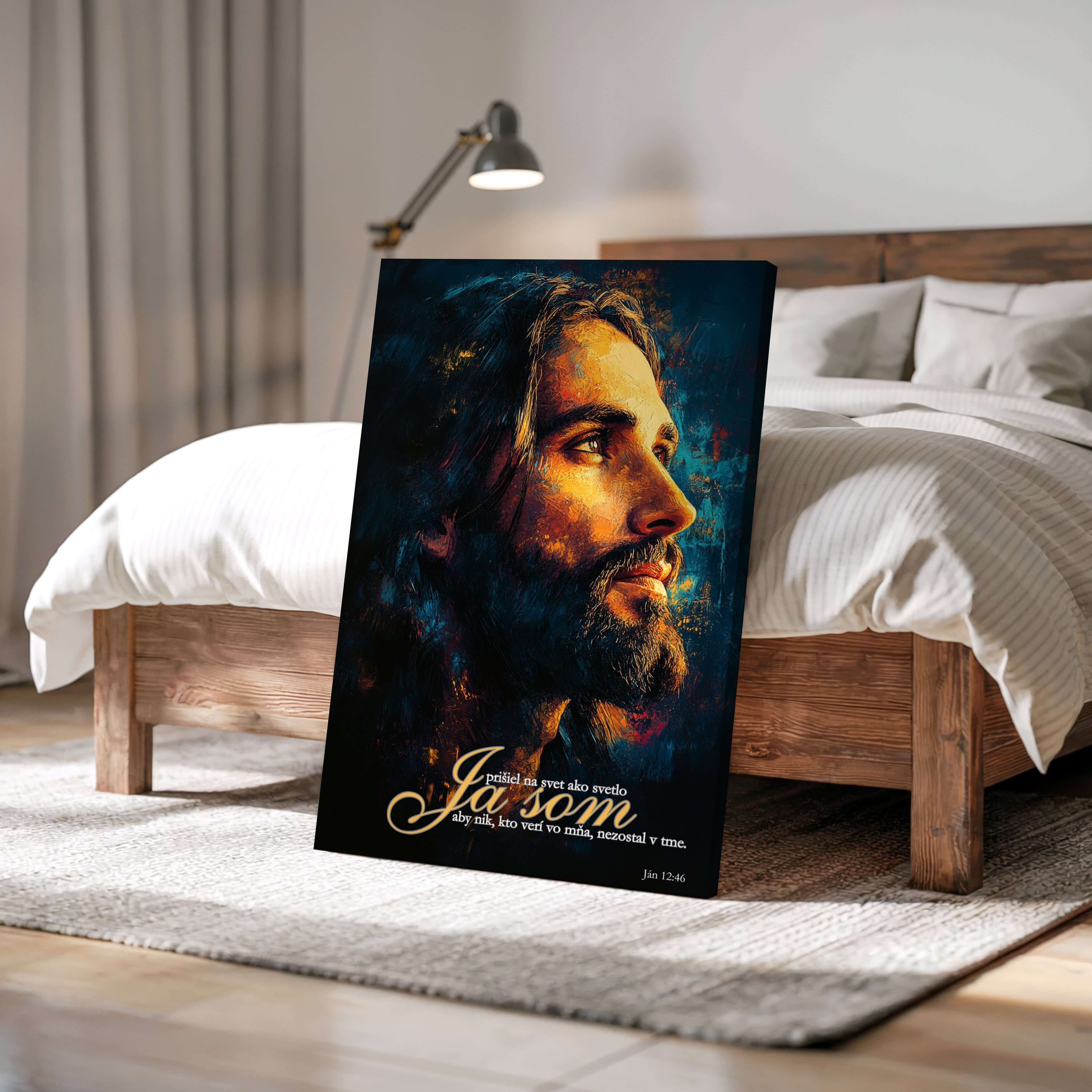 Dekorácia s biblickým veršom – Ján 12:46 – obraz viery a nádeje
