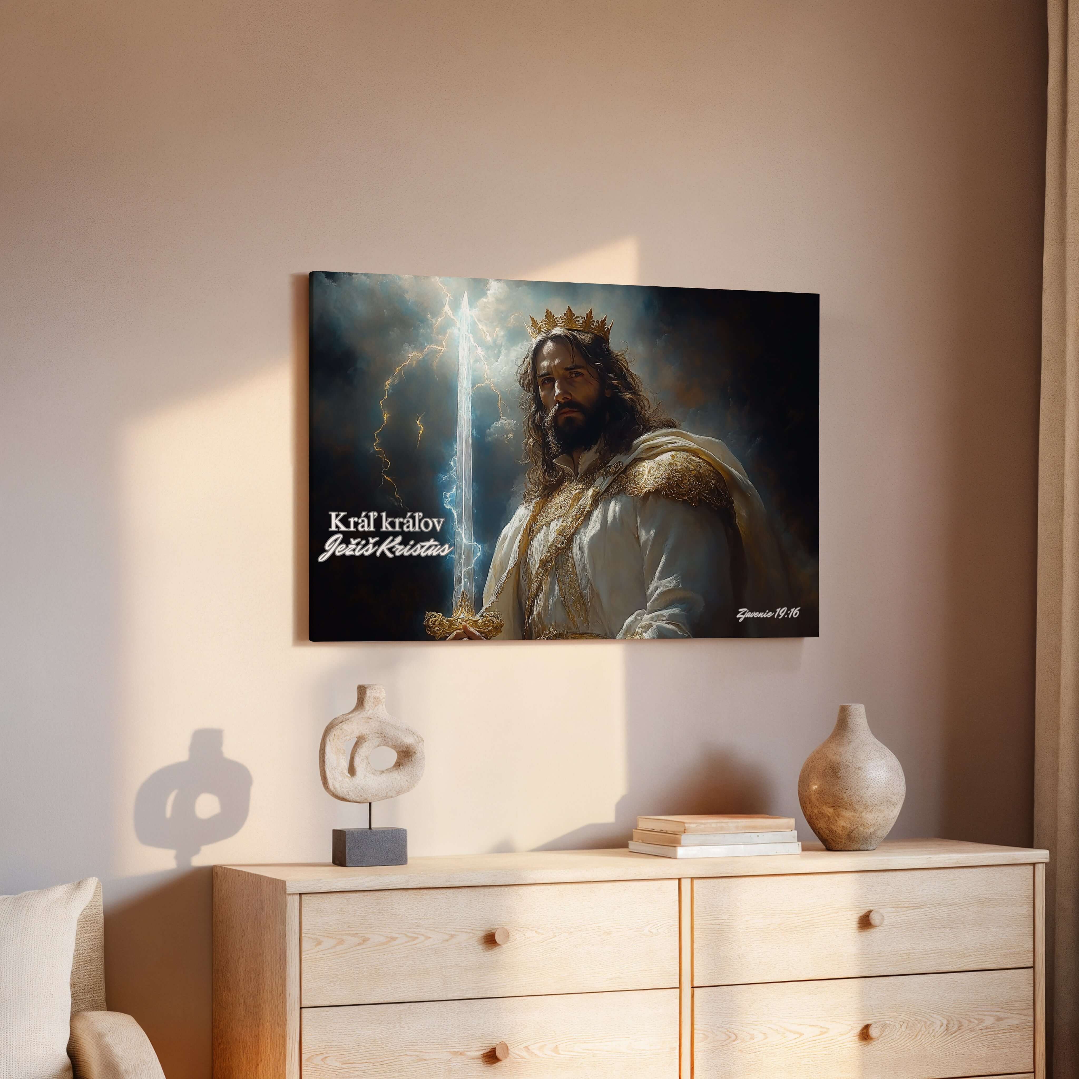 Umelecký obraz Ježiša Krista ako Kráľa so žiarivým mečom