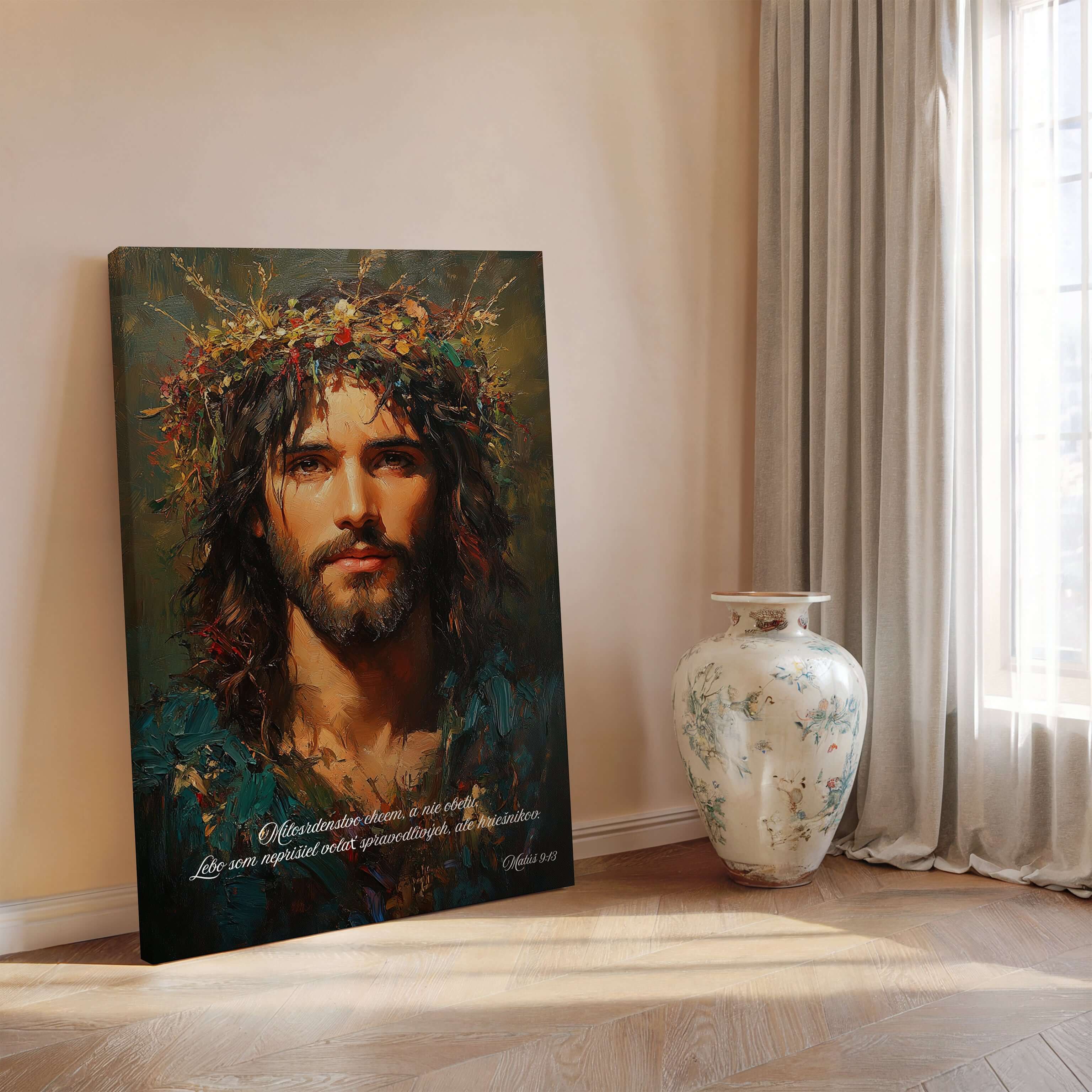 Obraz na stenu - Ježiš s korunou z trstiny, vyjadrujúci Božie milosrdenstvo a posolstvo.