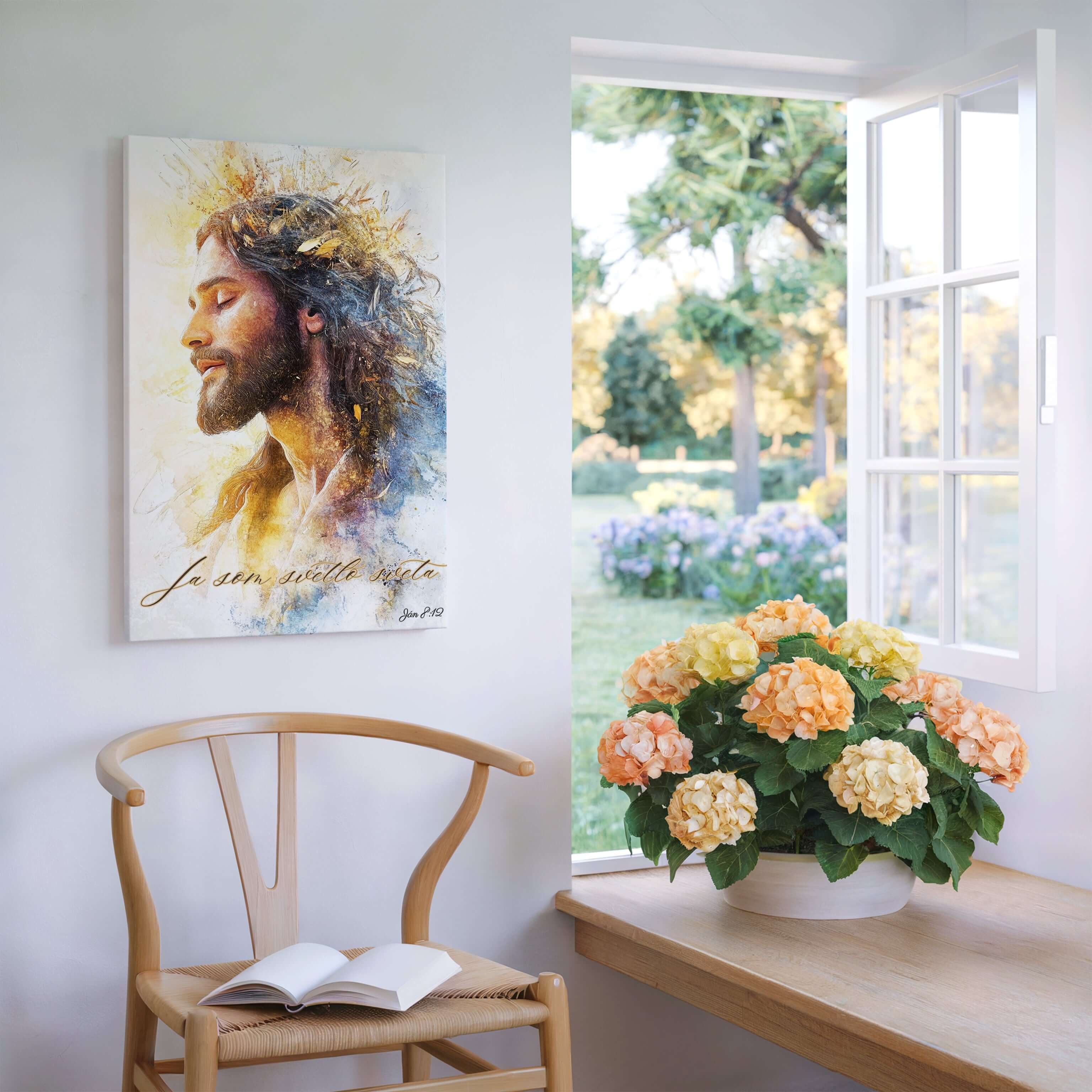 Obraz na stenu Ježiš Kristus – Ján 8:12 v minimalistickom interiéri