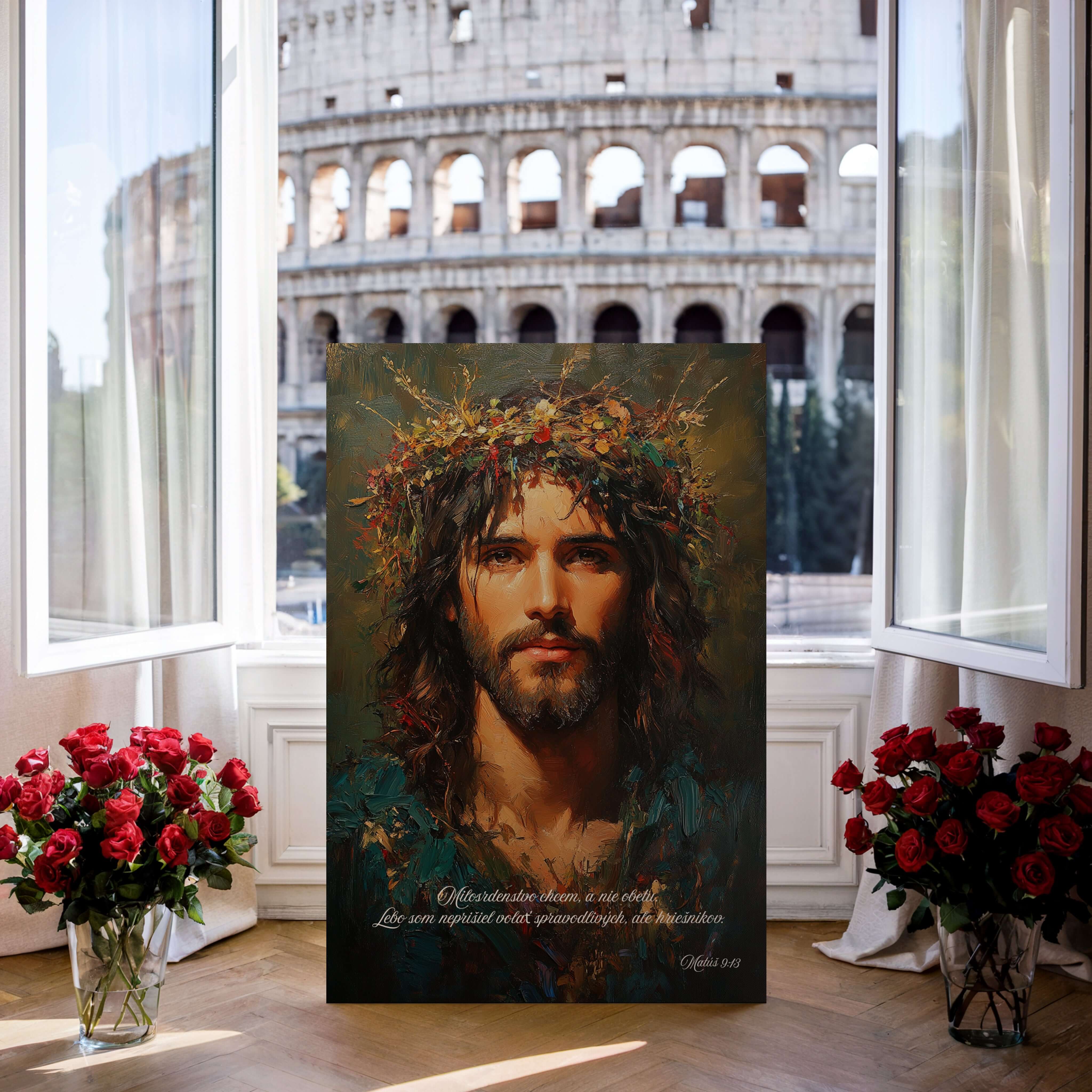 Obraz na stenu s Ježišom Kristom a veršom O milosrdenstve, s koloseom v pozadí.