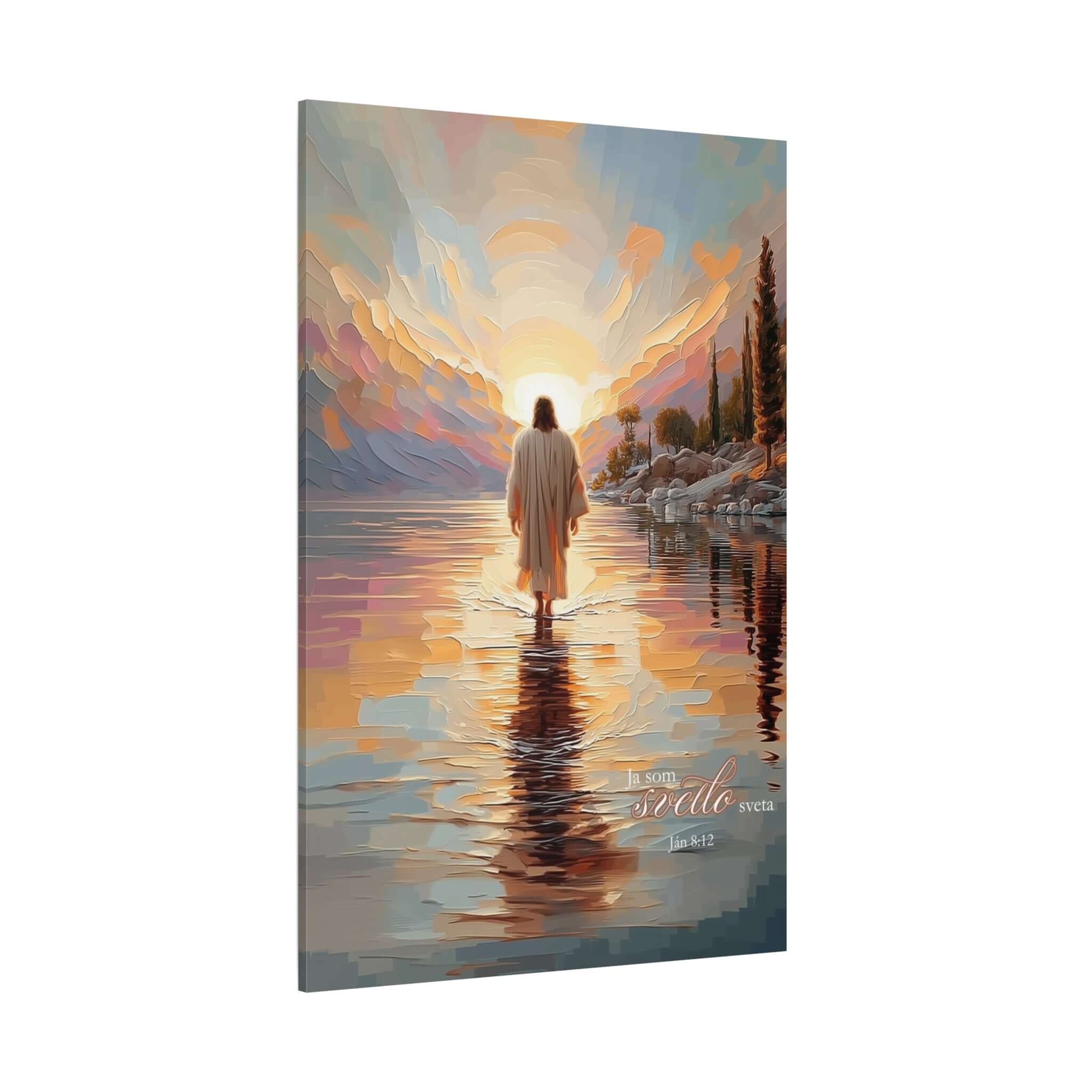 Produktový pohľad na kresťanský obraz s Ježišom a veršom „Ja som svetlo sveta“ (Ján 8:12), pripravený na tlač ako kvalitné plátno.