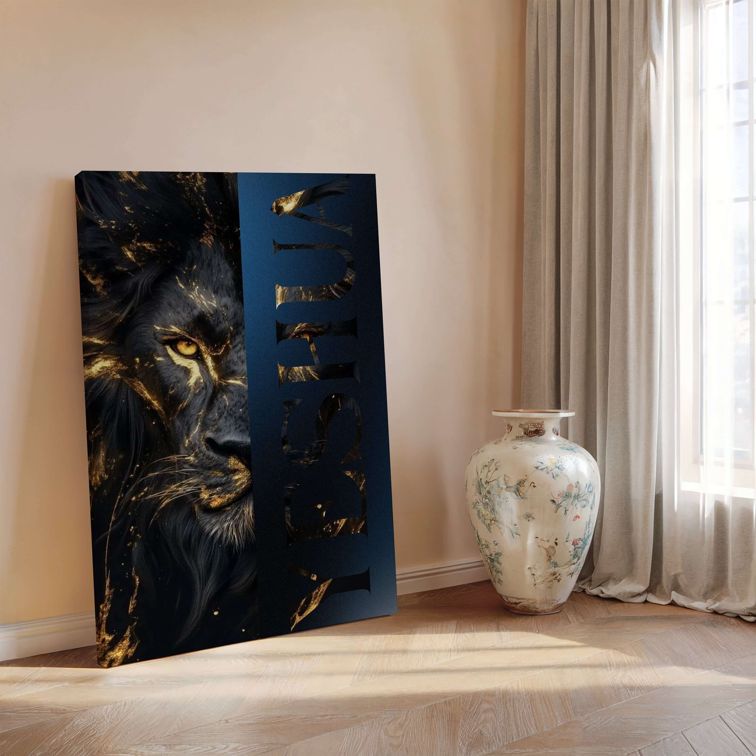 Obraz na stenu s levom a nápisom Yeshua, symbolizuje víťazstvo a majestát Ježiša Krista.