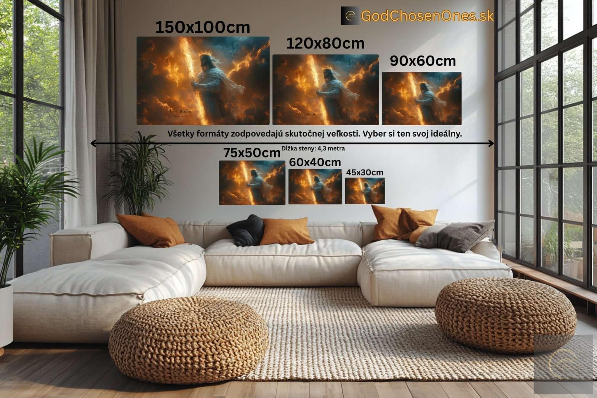 Obraz na stenu - rôzne formáty a veľkosti vrátane 150x100cm, 120x80cm, 90x60cm v moderne zariadenej obývacej izbe.