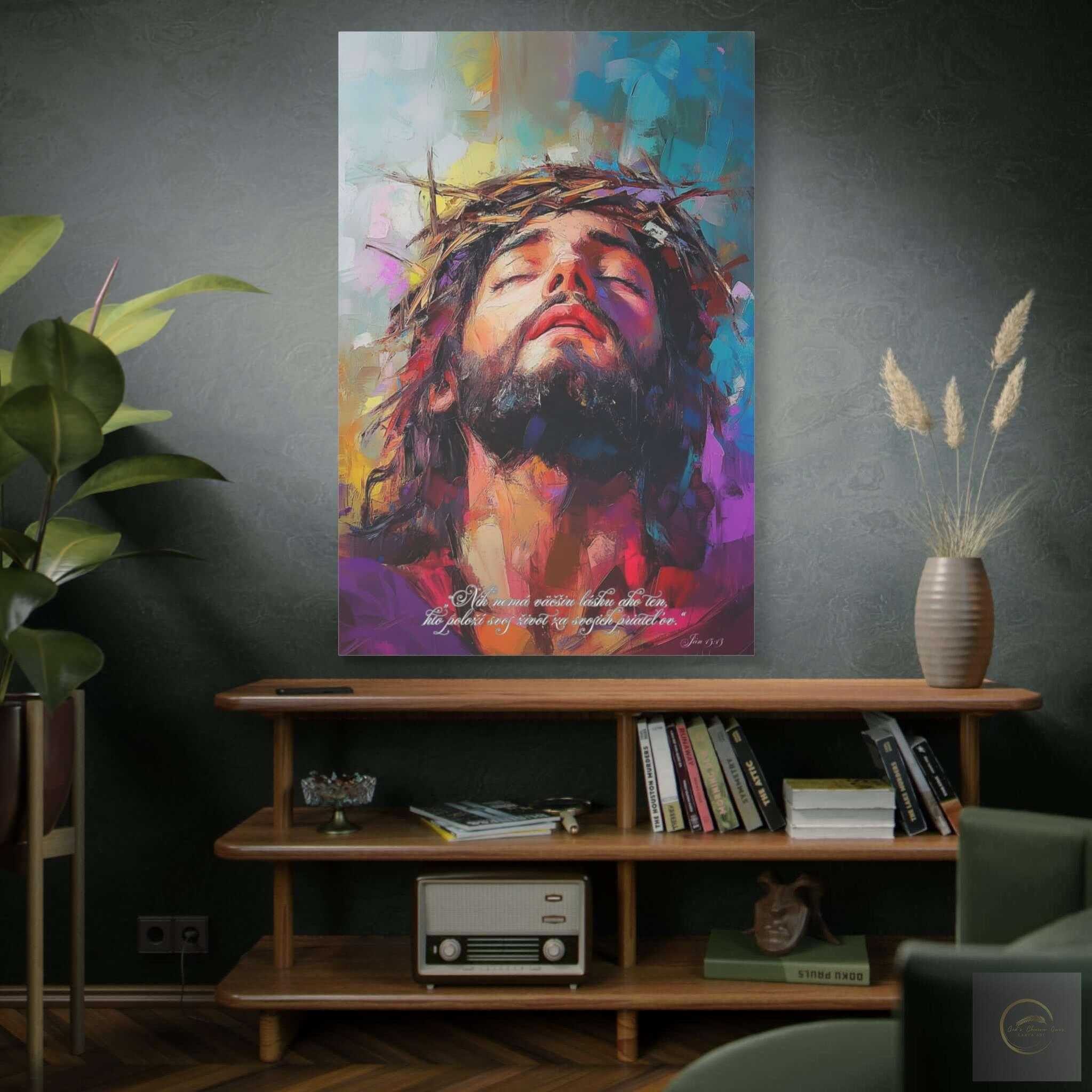 Moderný kresťanský obraz Ježiša s tŕňovou korunou – Ján 15:13 – dekorácia do prírodného alebo duchovného interiéru