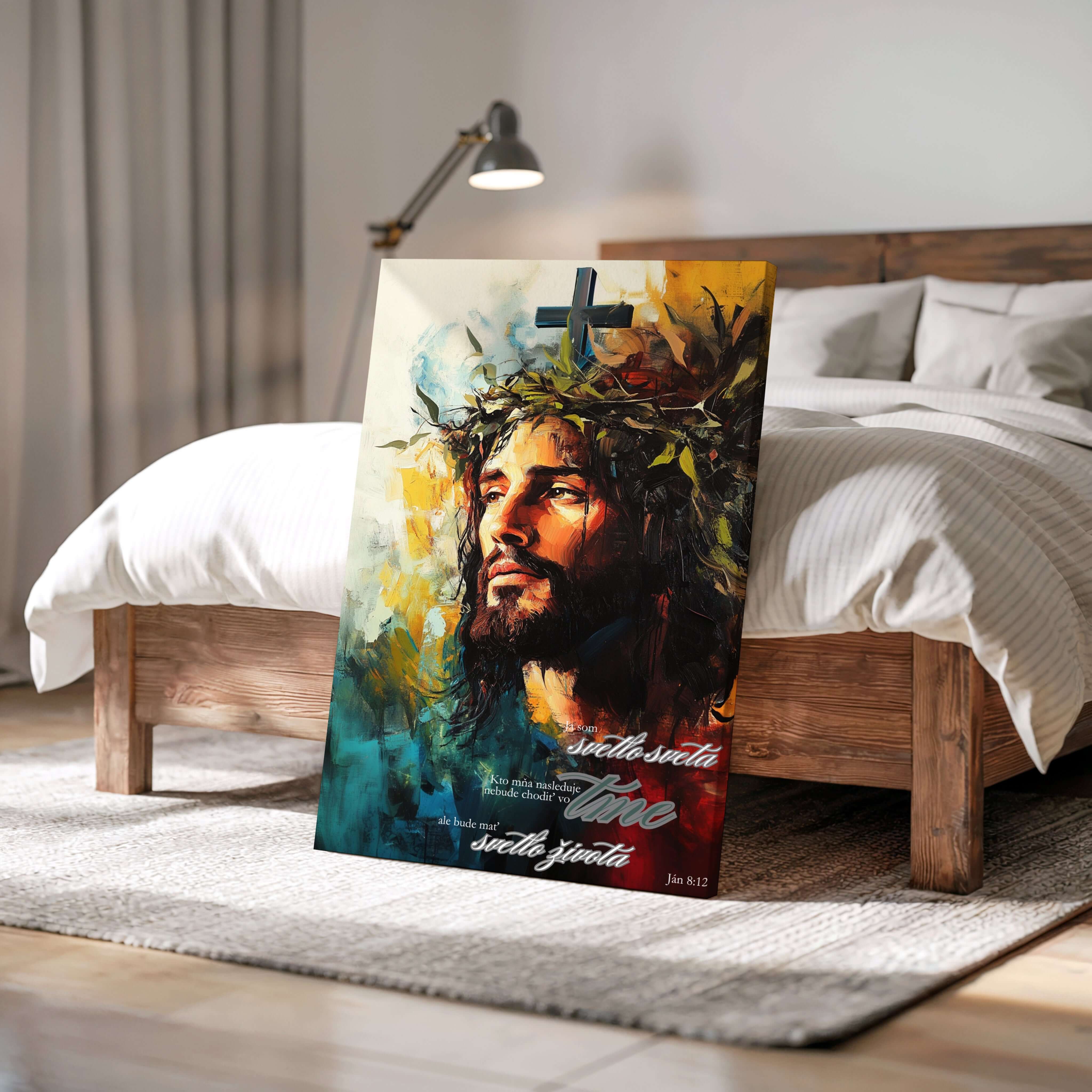 Obraz na stenu s Ježišom Kristom a citátom z Ján 8:12, zdôrazňujúcim svetlo života.