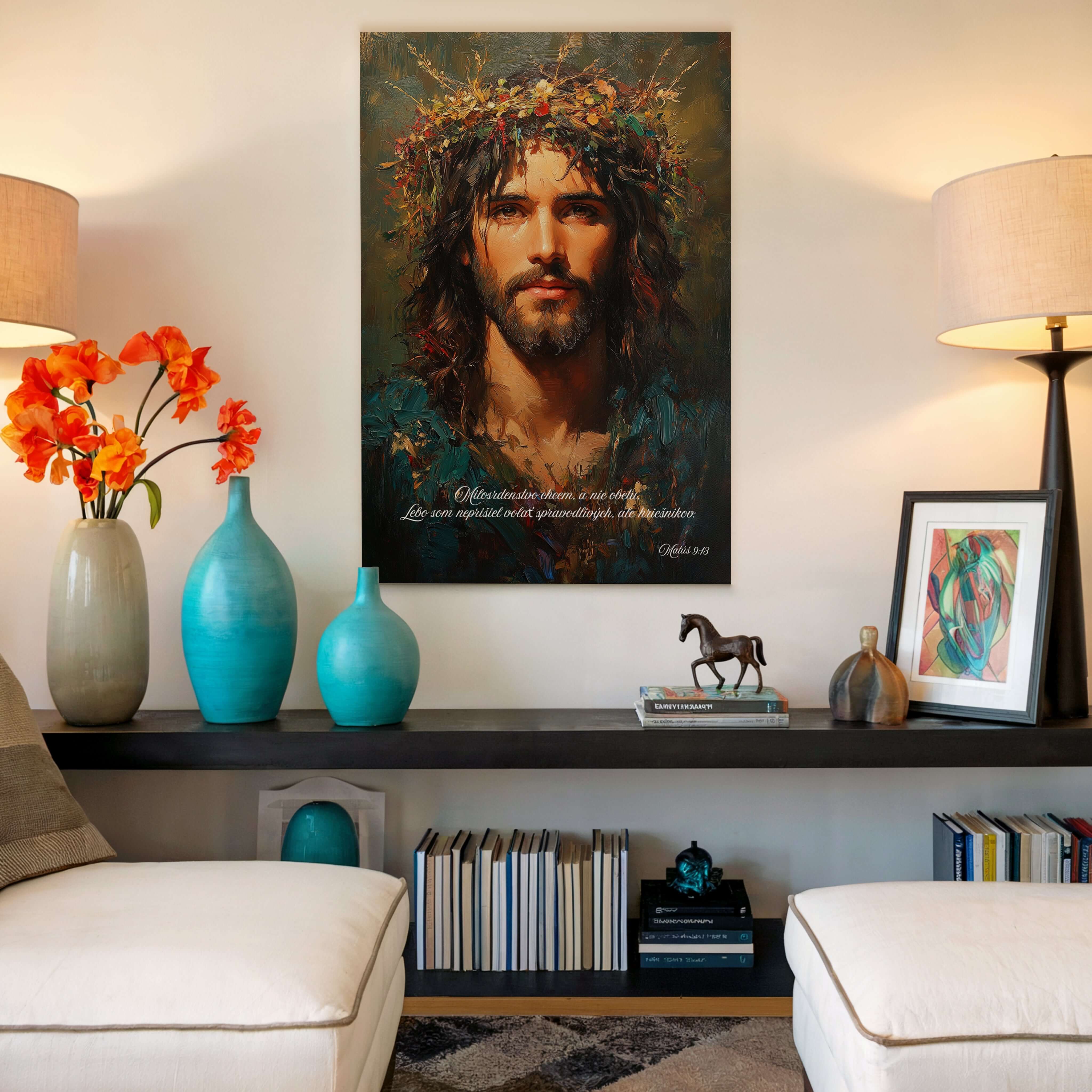 obraz na stenu s Ježišom Kristom, ktorý nesie veniec, dekorácia do interiéru