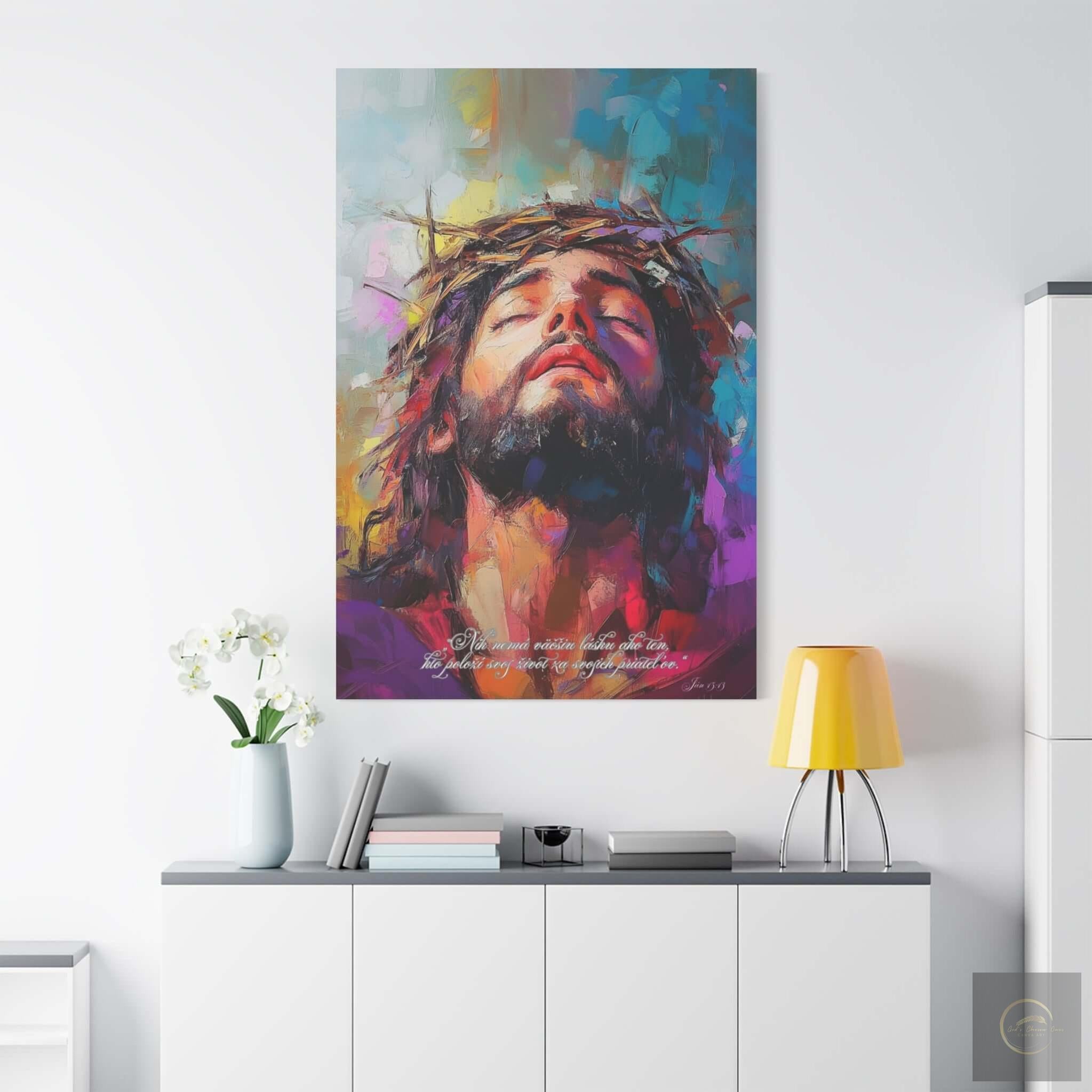 Moderný kresťanský obraz na stenu– Ján 15:13 – vhodný do svetlej miestnosti ako duchovný pripomienka lásky